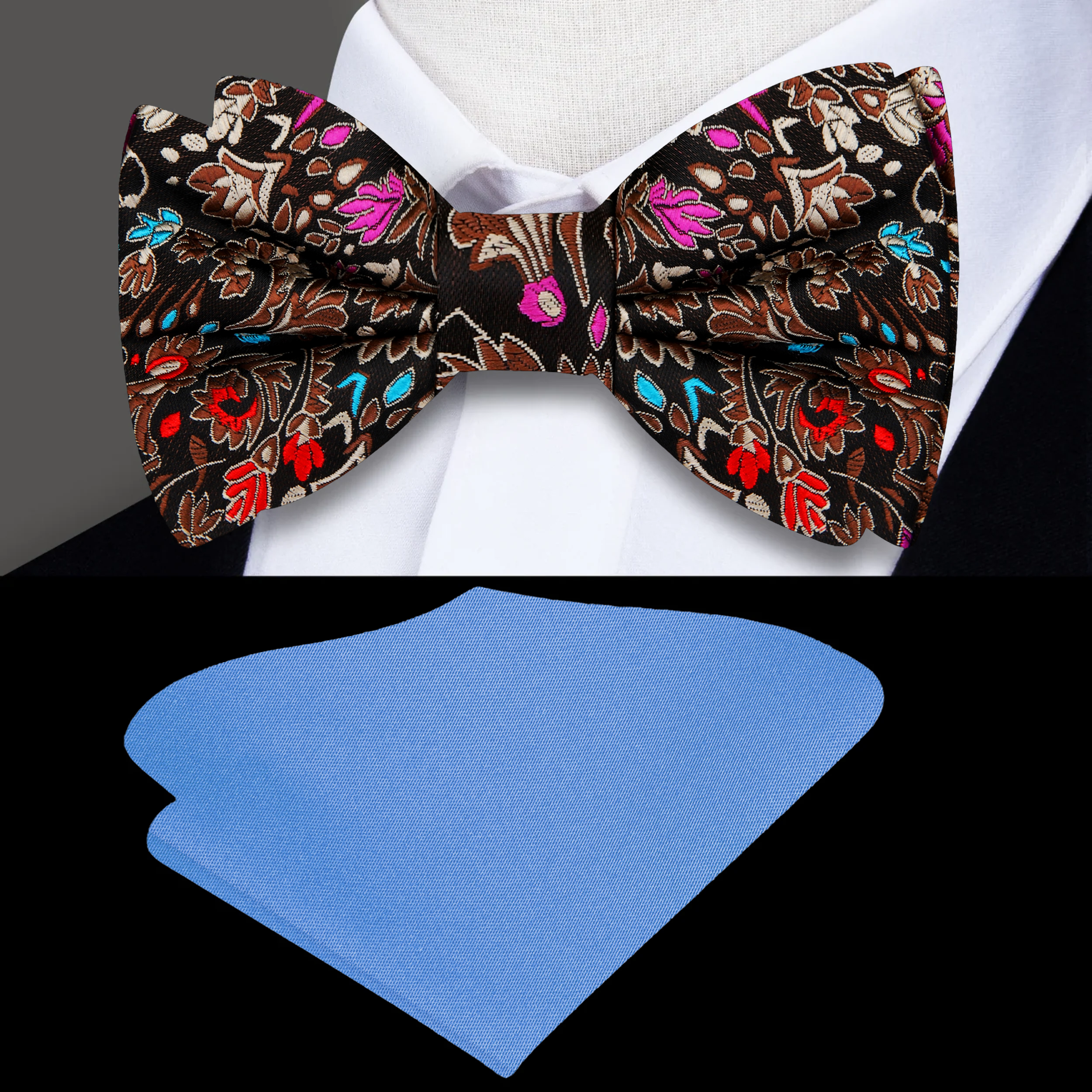 Close-up of a men's floral silk bow tie with brown and red flowers for fall weddings