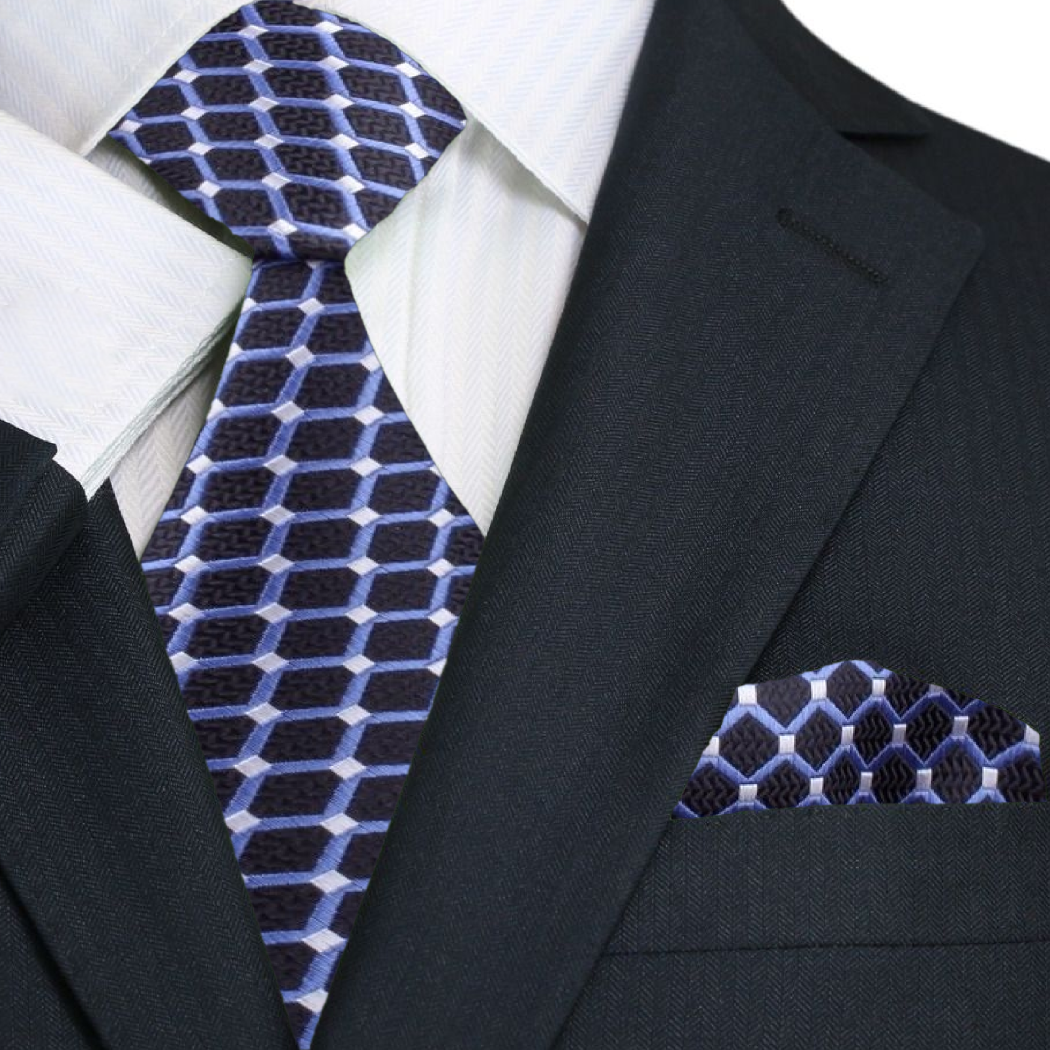 Close-up of blue geometric patterned necktie, versatile for formal occasions