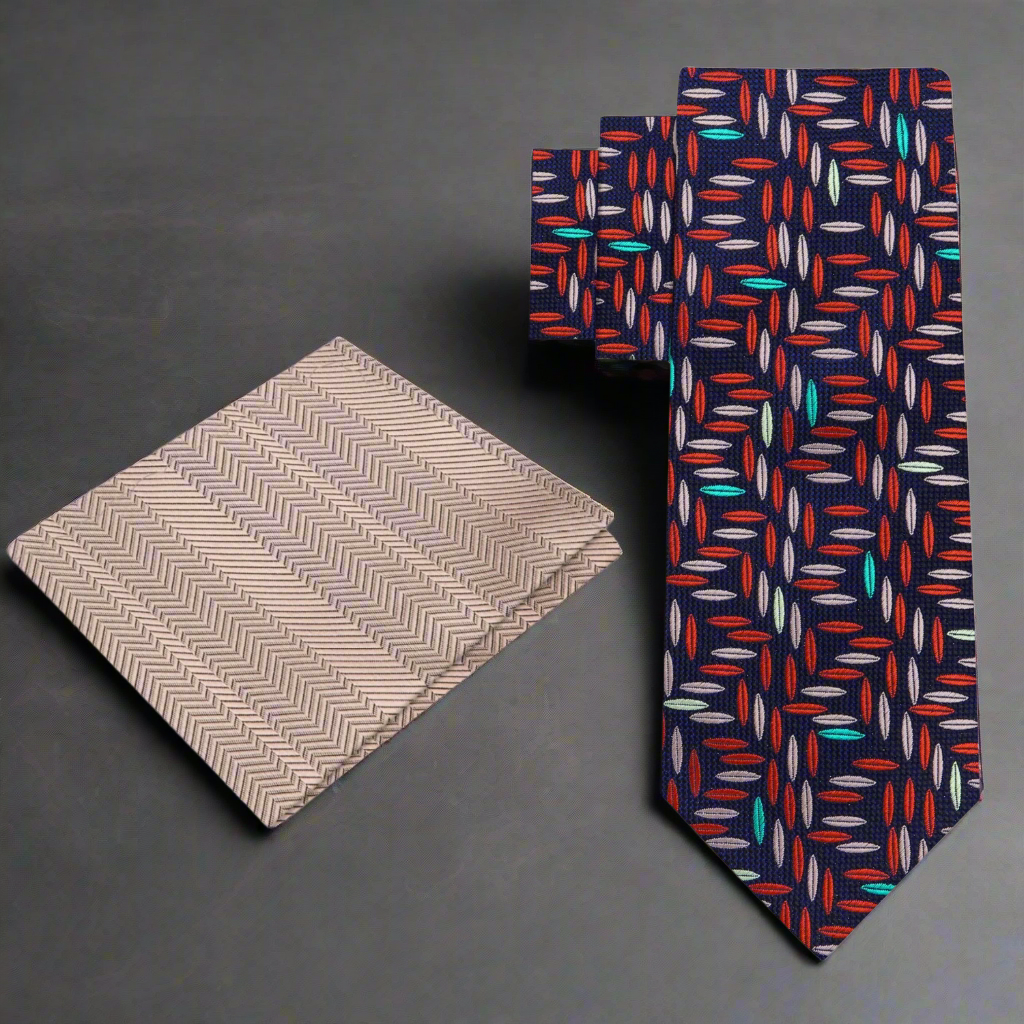 Close-up of the Geometric Elegance silk necktie showcasing intricate patterns.