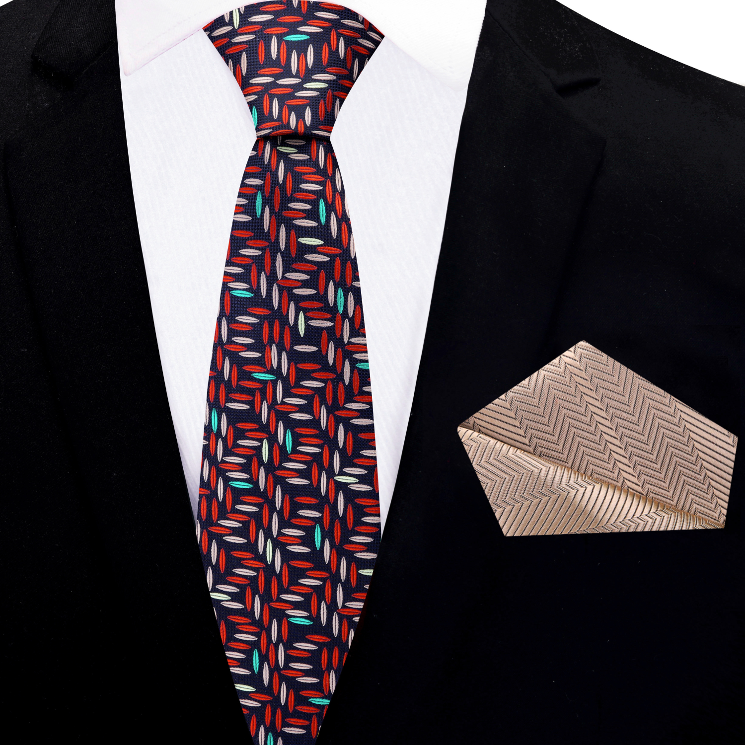 Full view of the Geometric Elegance necktie and pocket square set displayed on a formal suit.