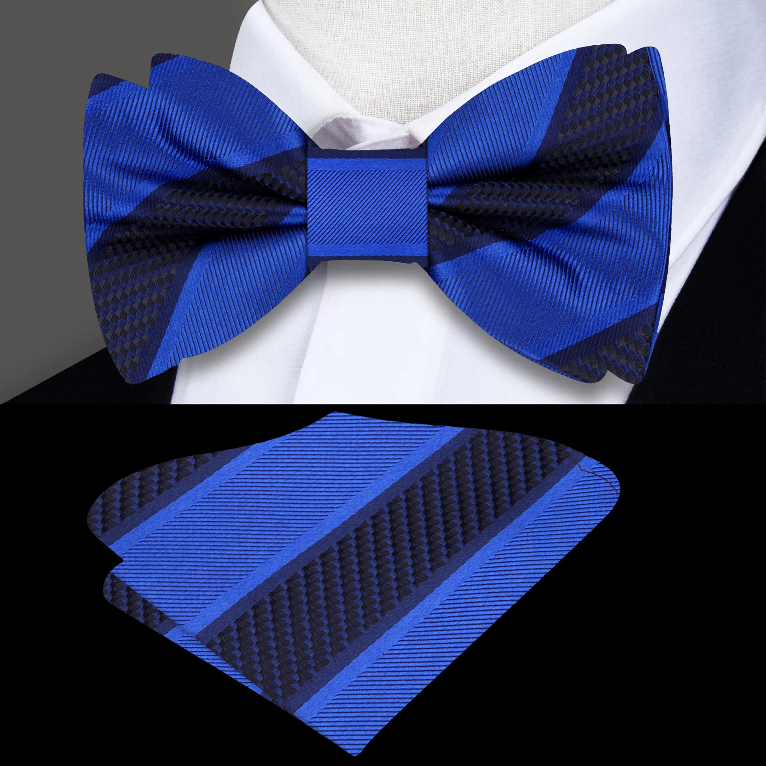 Front view of a stylish silk striped bow tie on a white background, highlighting its vibrant colors