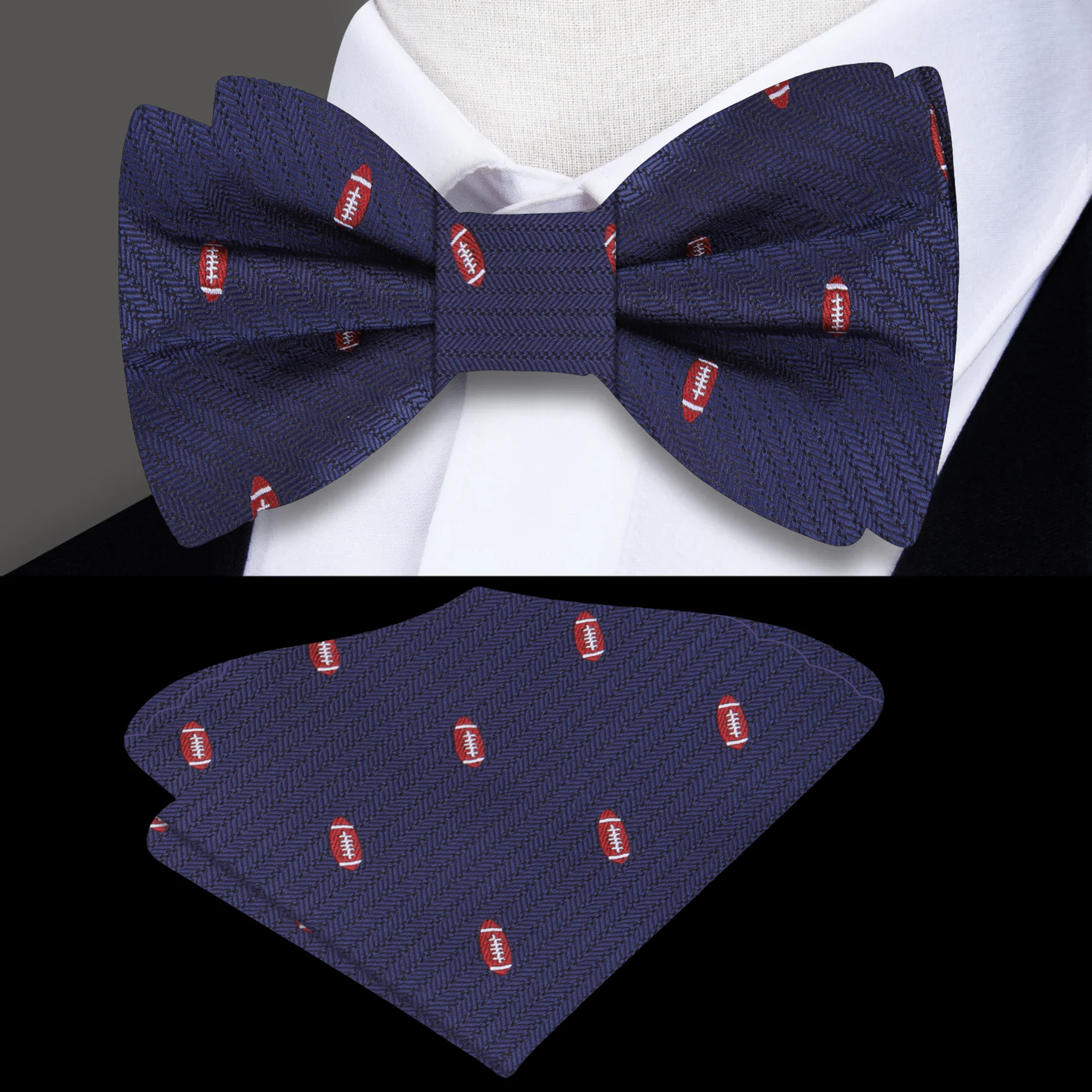 Blue and brown football patterned silk bow tie displayed elegantly on a white background.