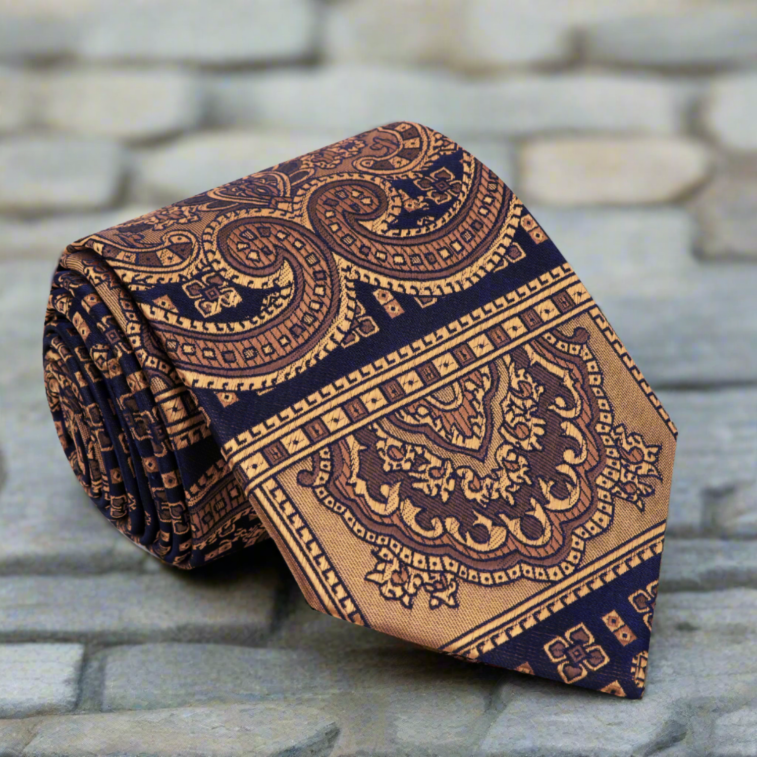 Full view of dark brown and blue abstract pattern men's necktie for formal occasions
