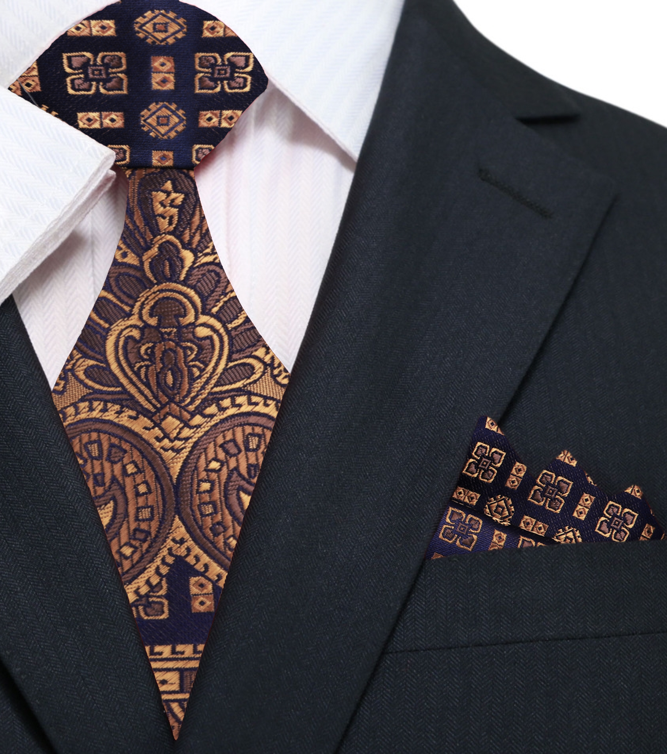 Full view of dark brown and blue abstract pattern mens necktie for formal occasions