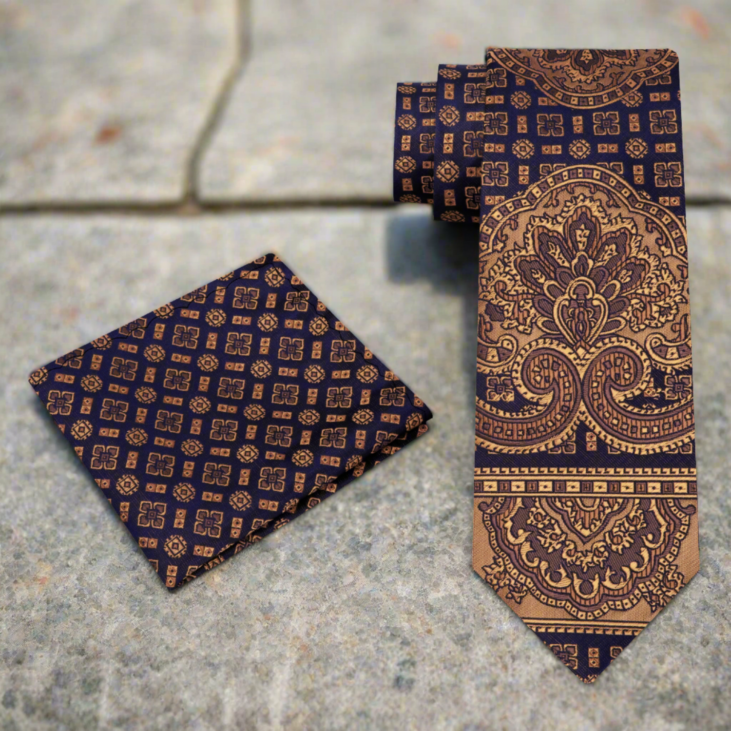 Close-up of fabric and pattern of mens dress tie with artistic design