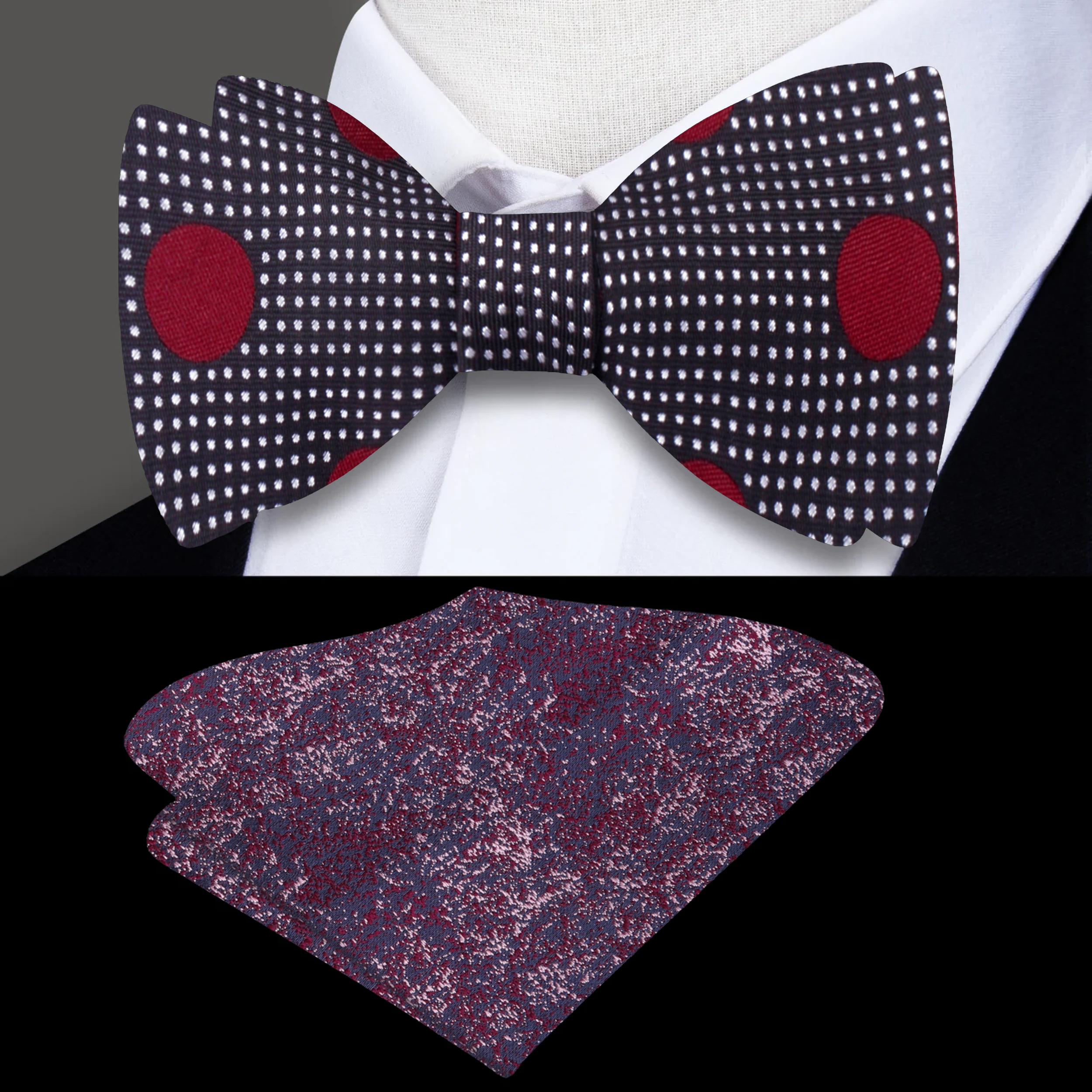 Elegant dark blue bow tie with burgundy dots on a white shirt for formal occasions