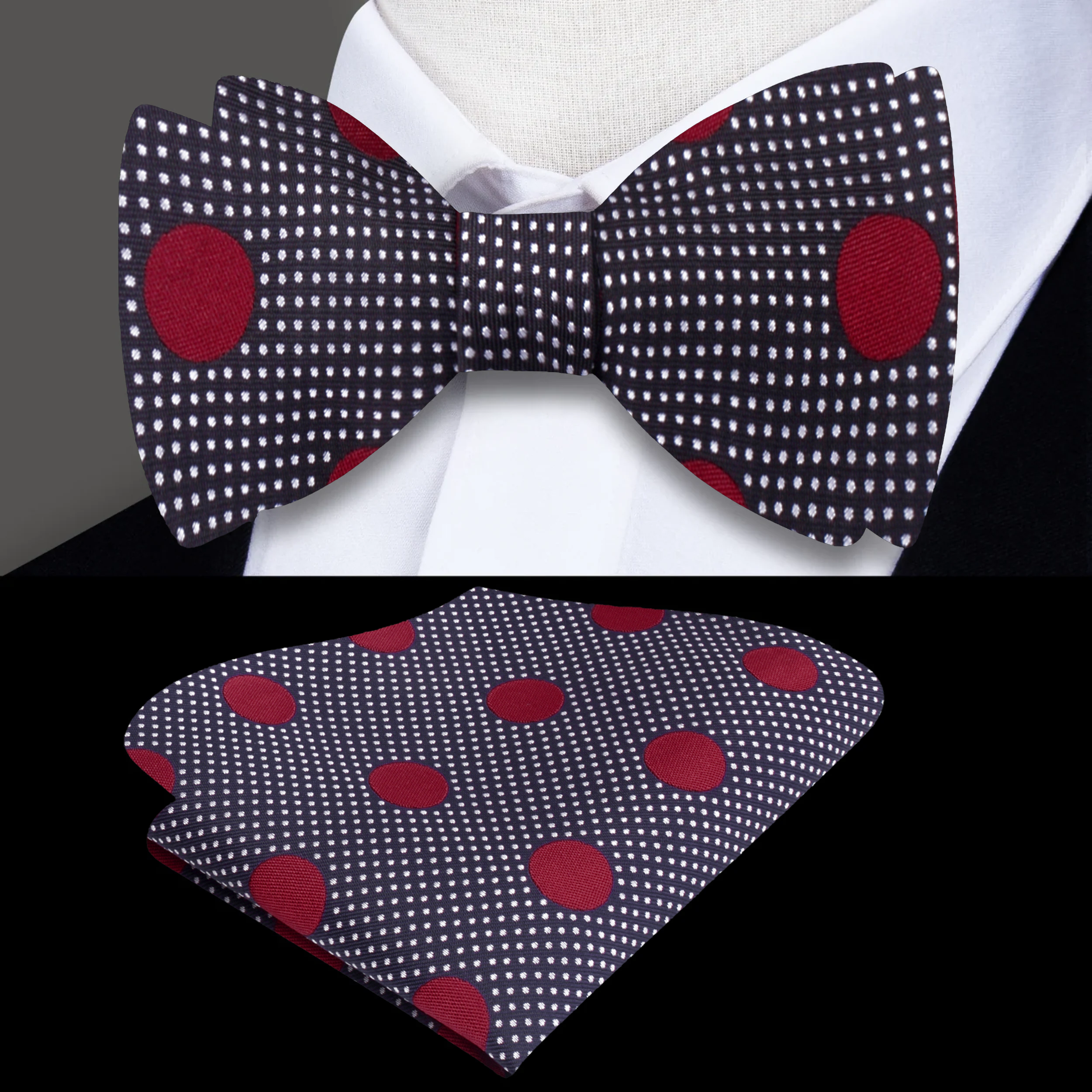 Close-up of stylish kids bow tie and pocket square set in blue with burgundy dots.