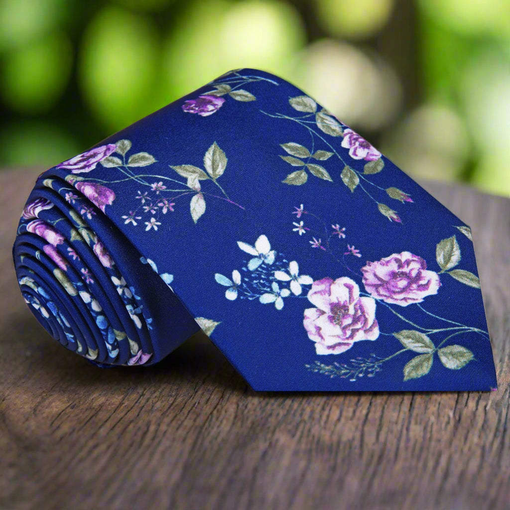 Elegant silk floral tie with pink roses and green leaves for spring events