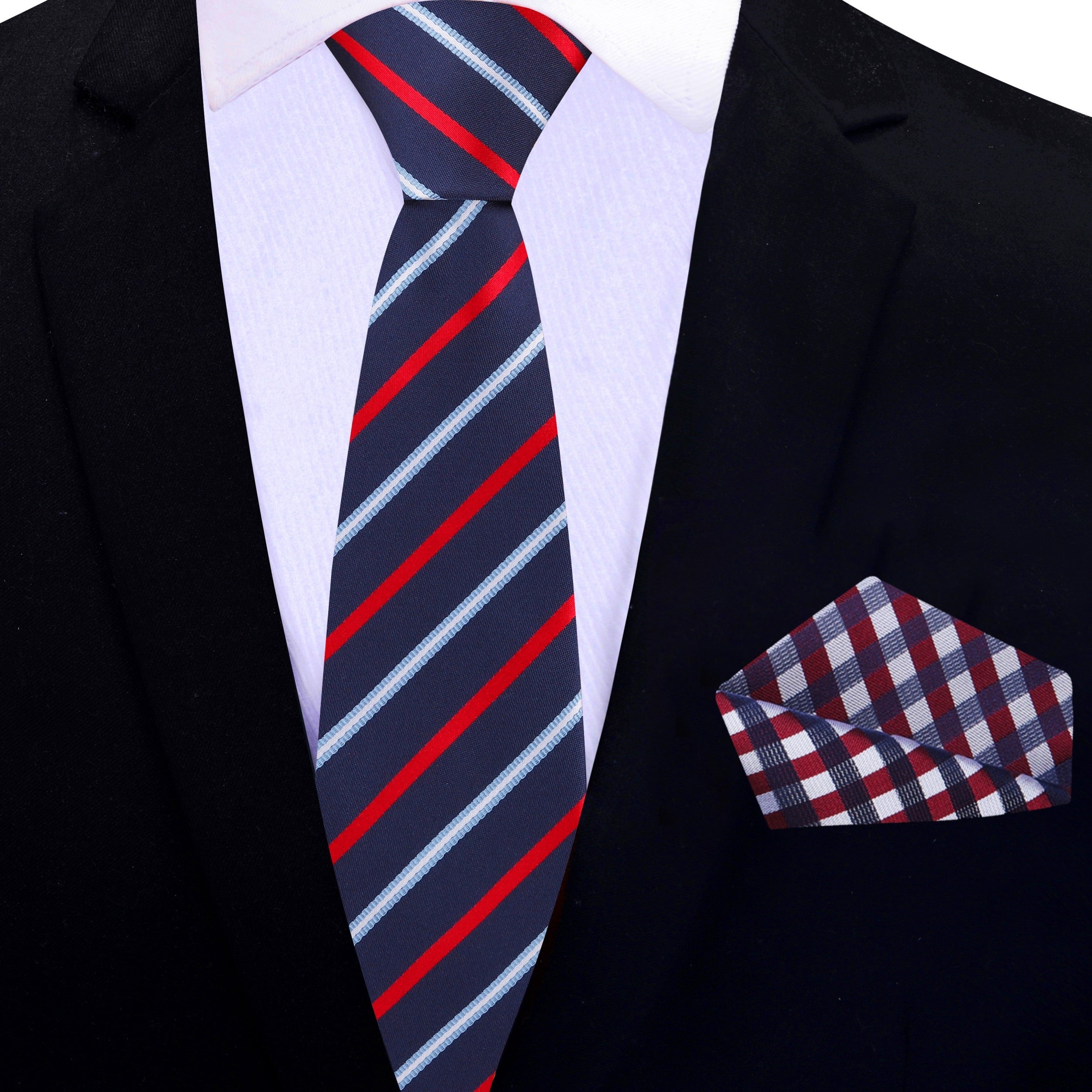 Fashionable silk tie with blue and red stripes, styled with a crisp white dress shirt.