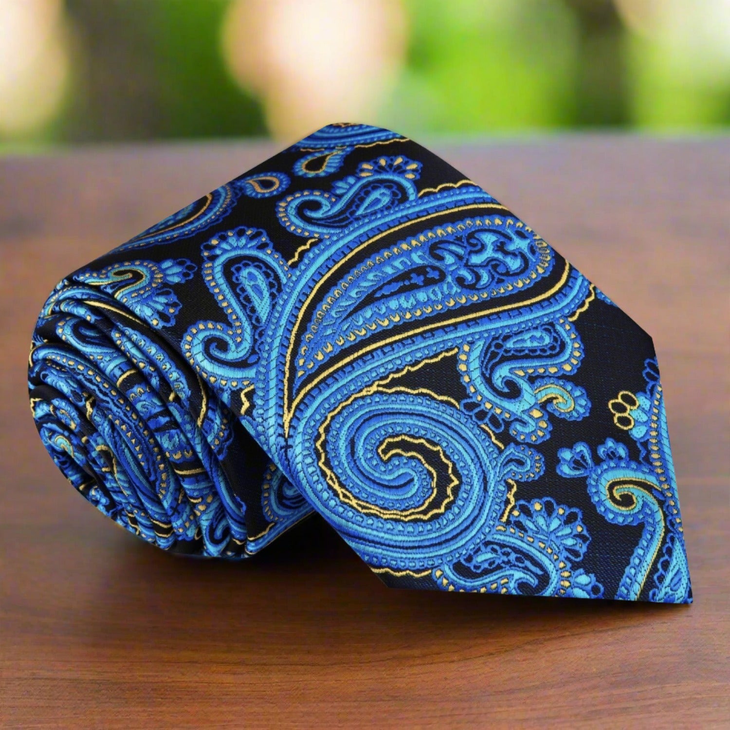 Elegant blue paisley silk necktie showcasing intricate design, ideal for weddings and formal events.