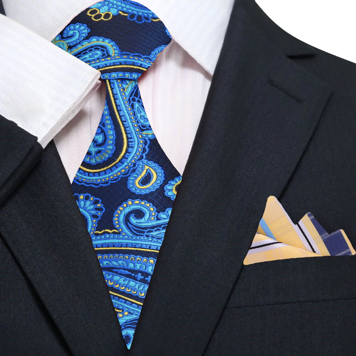 Close-up of a blue paisley tie, highlighting the vibrant colors and luxurious silk fabric, suitable for business meetings.