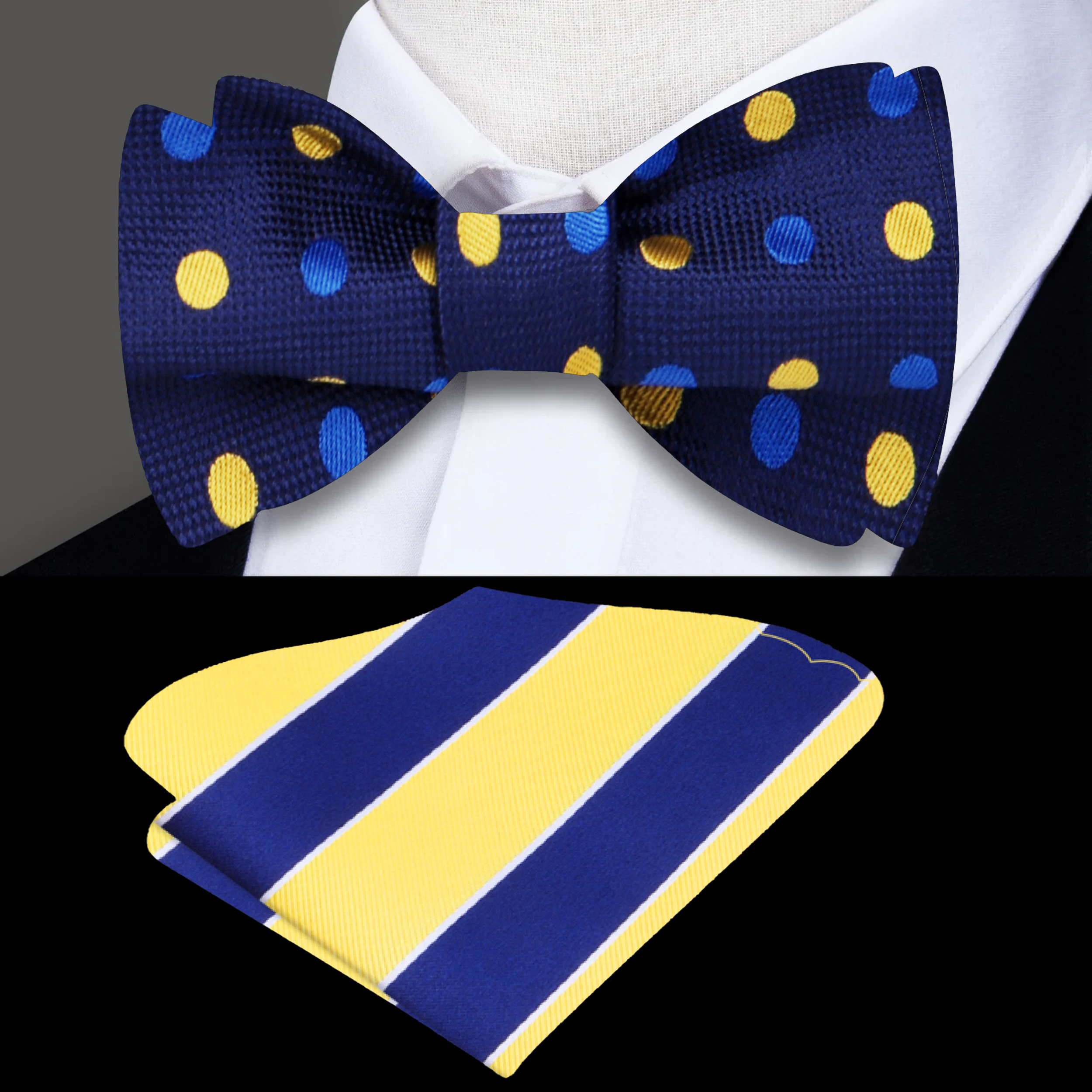 Stylish polka dot bow tie displayed on a crisp white dress shirt.
