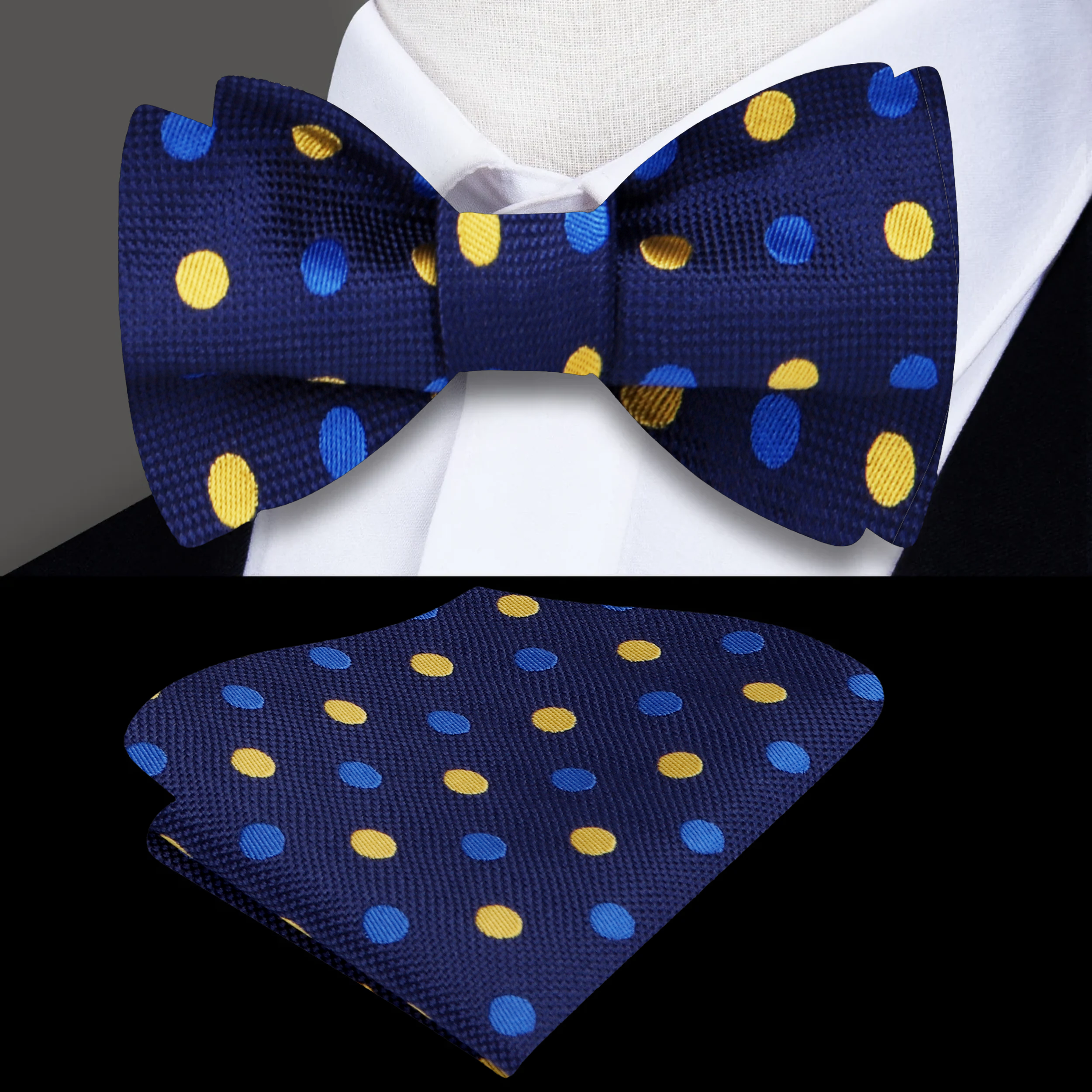 Close-up of the pre-tied bow tie showcasing its light blue and yellow polka dots.