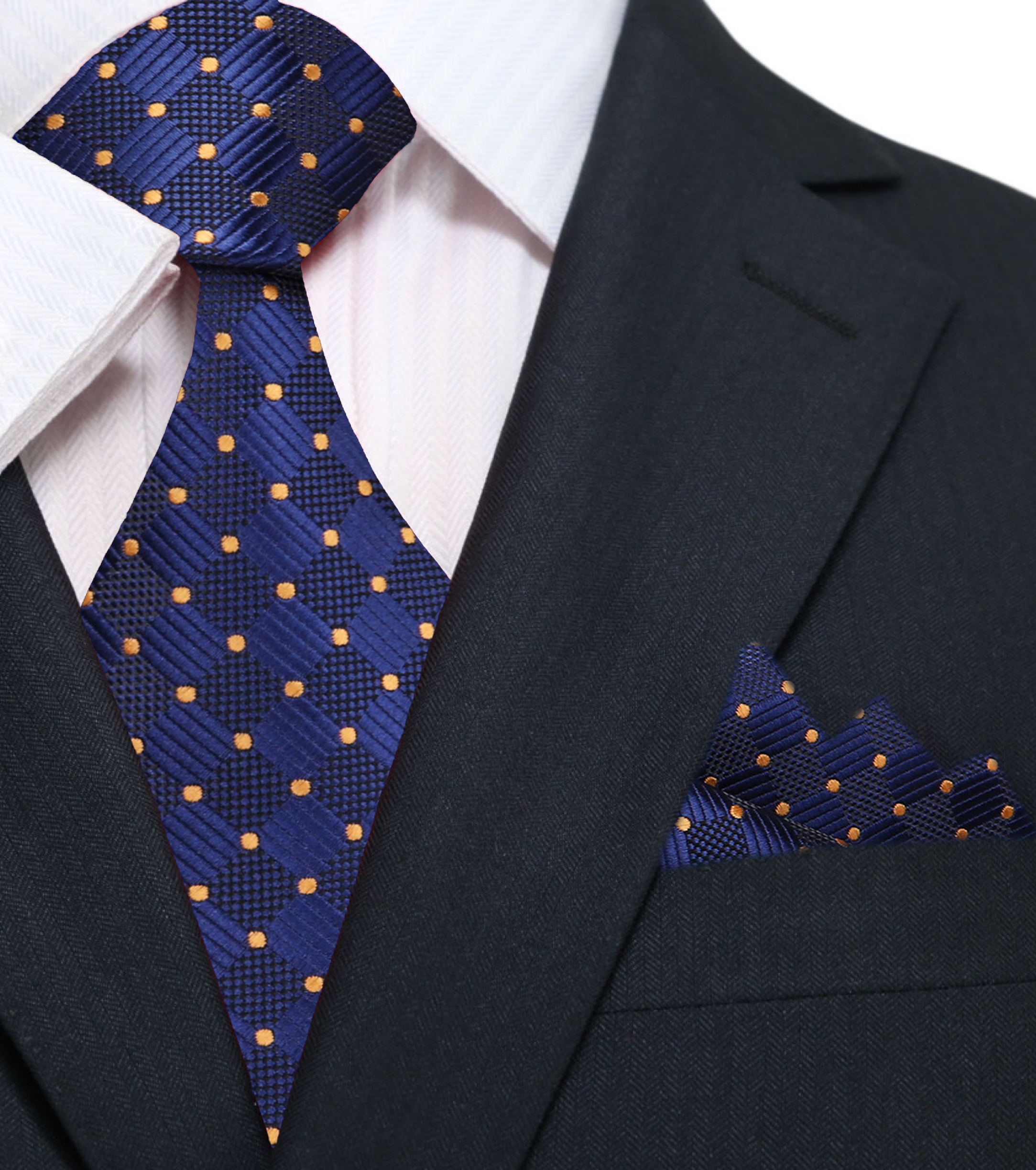 Man wearing the geometric tie and matching pocket square at a wedding