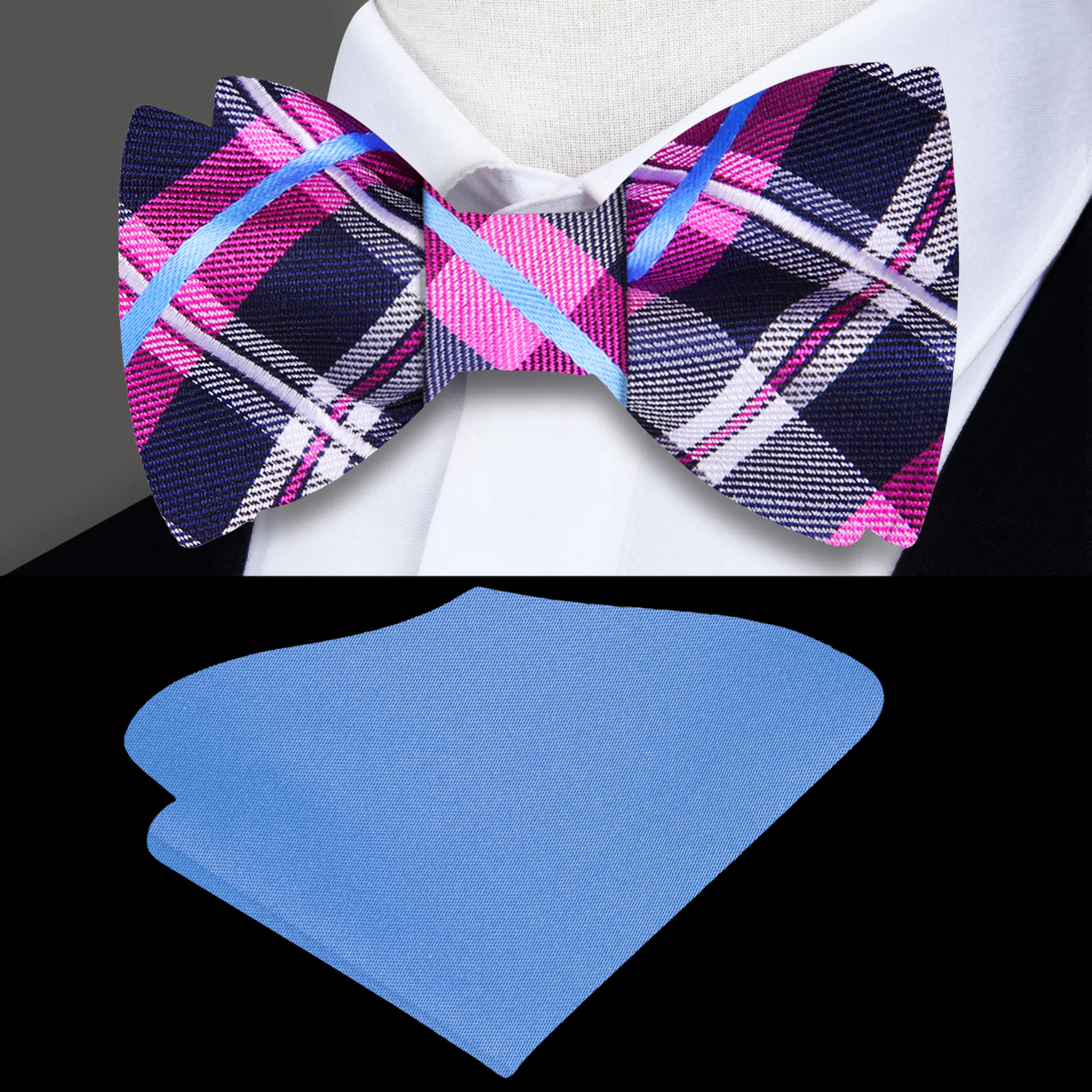 Close-up of Warrenton plaid bow tie showing colorful pattern