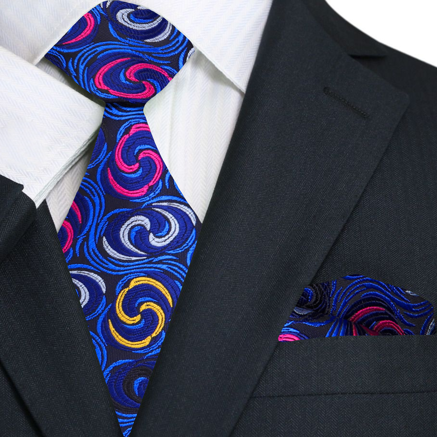 Close-up of the intricate swirl design on the brown silk necktie, highlighting its luxury and craftsmanship.