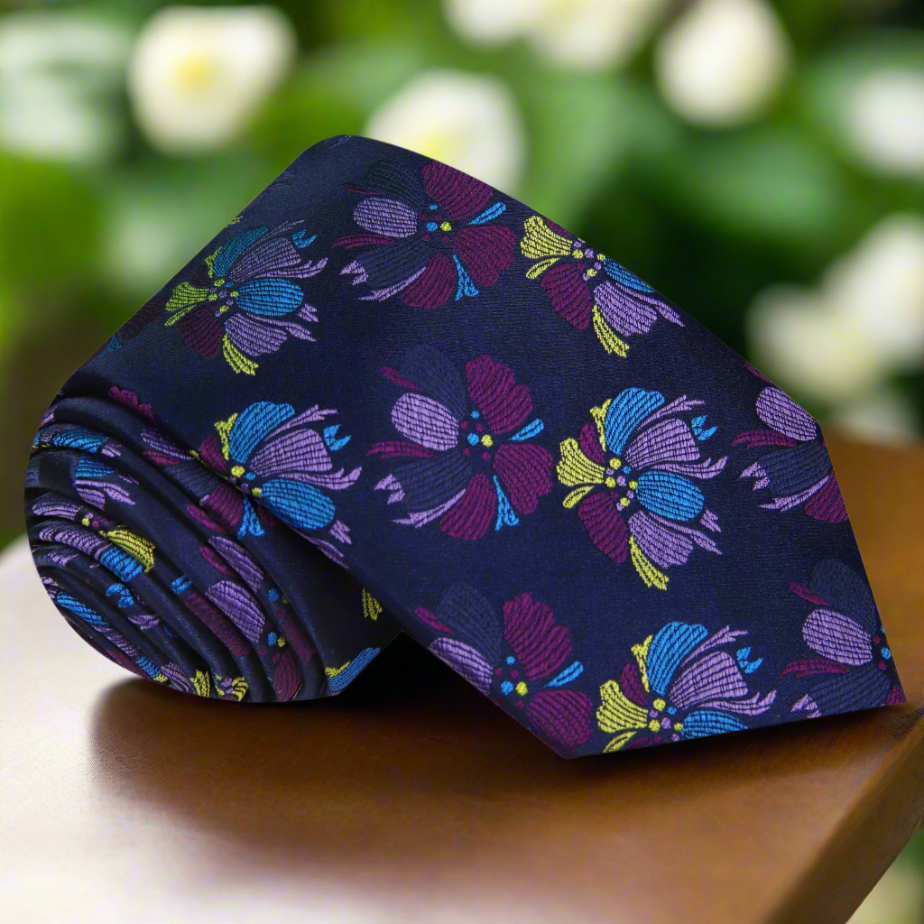 Vibrant floral pattern on a men's silk tie for weddings