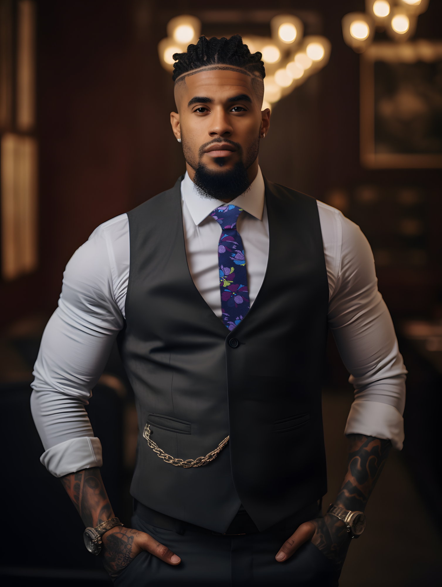 Close-up of the large floral design on a dark blue necktie