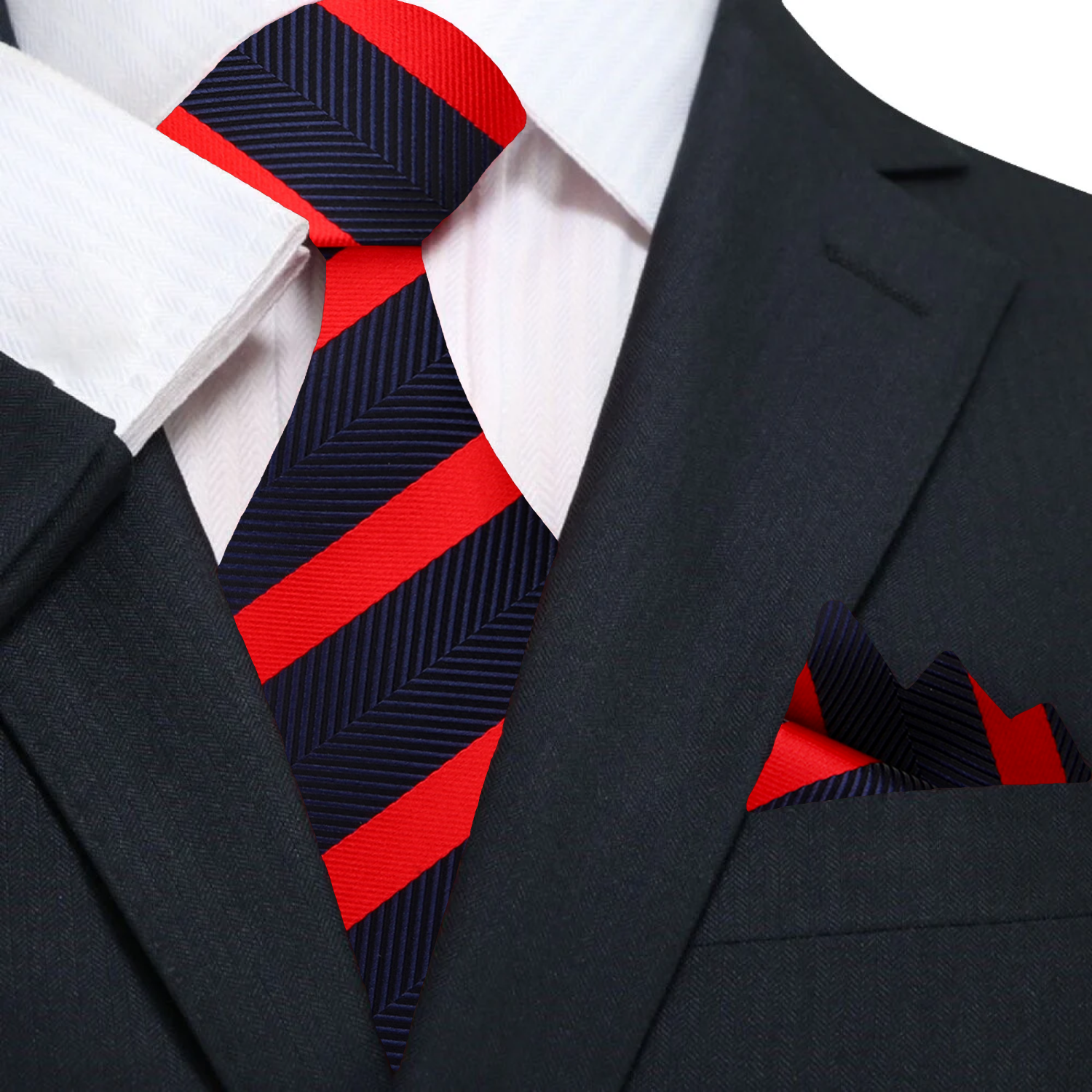 Close-up of a silk tie with deep blue and red stripes, perfect for weddings and professional settings