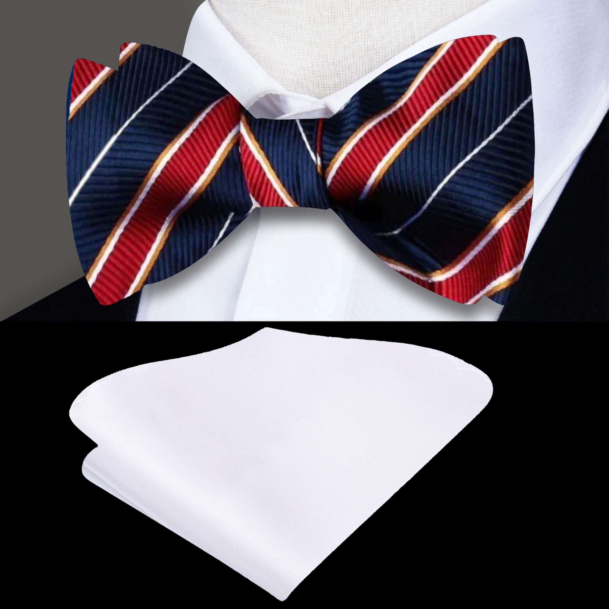Elegant light blue self-tie bow tie with dark blue and white stripes on a dress shirt.