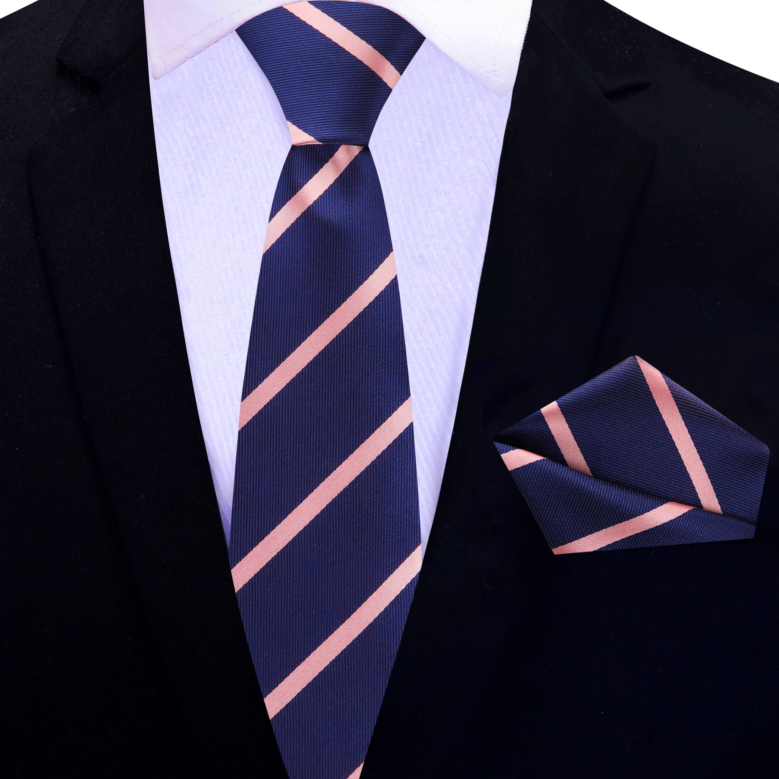 Necktie paired with a white dress shirt and navy suit, perfect for a business setting.