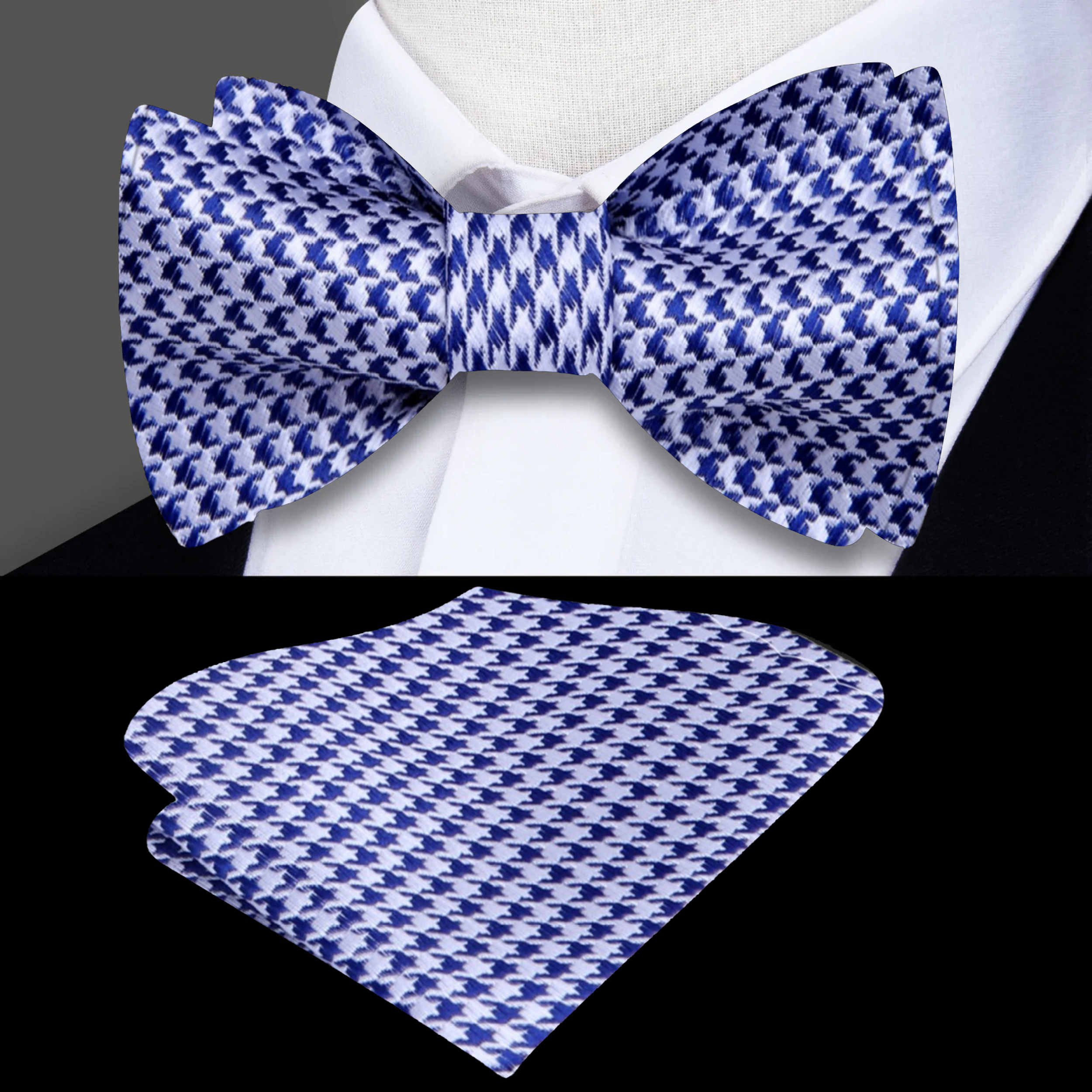 Elegant houndstooth bow tie featuring a geometric pattern, perfect for formal occasions.