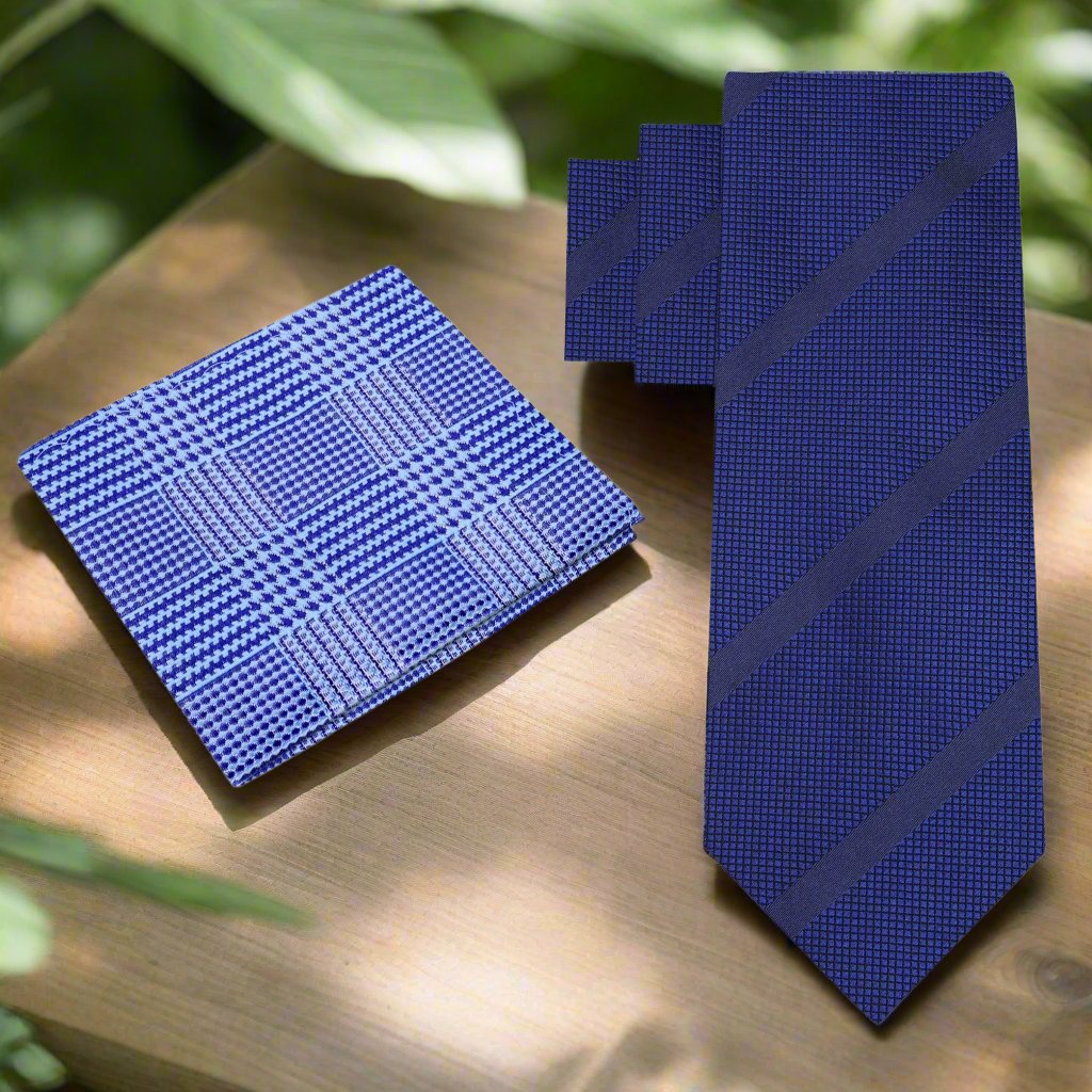 Man wearing a deep navy silk necktie with a white dress shirt at a wedding reception