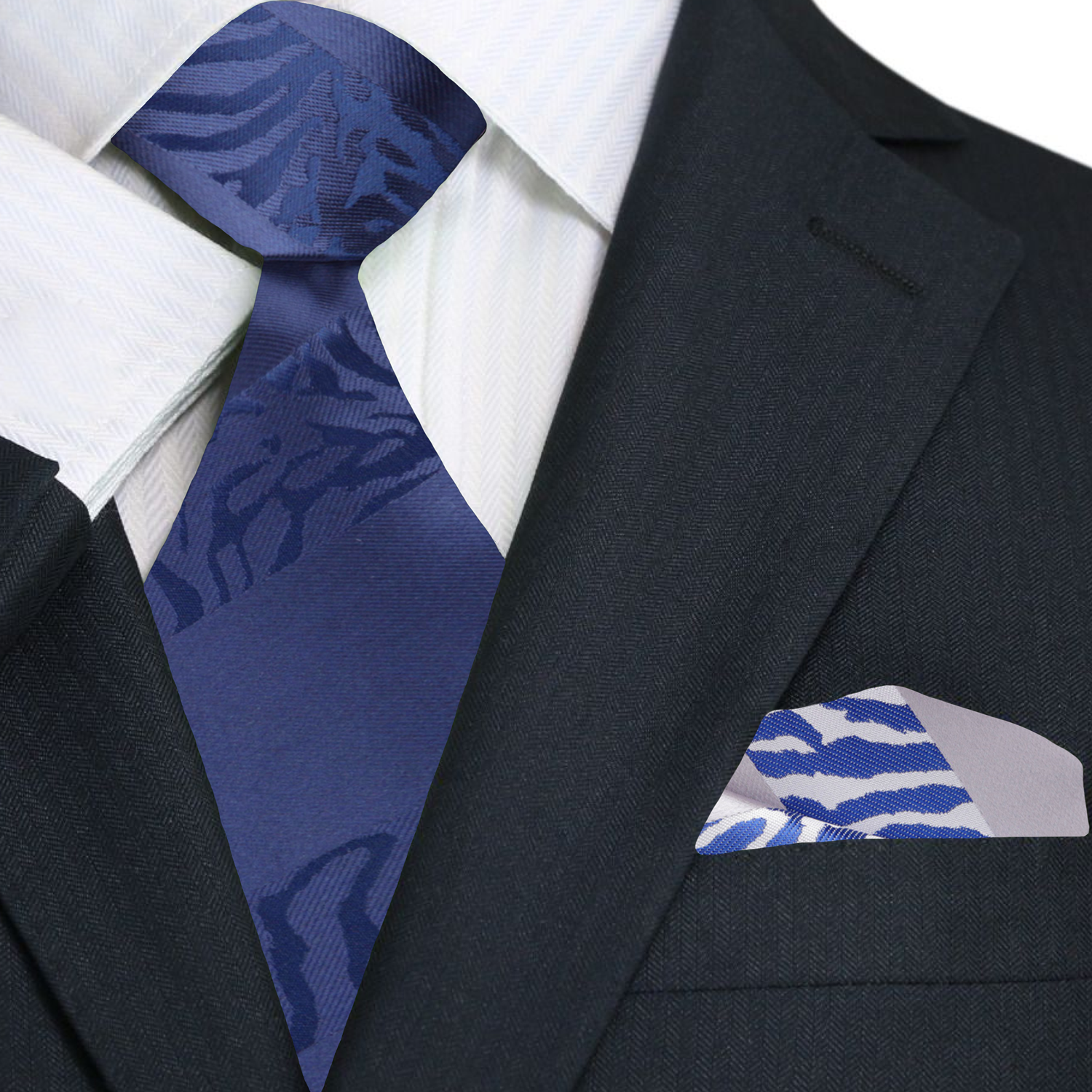 Stylish mens necktie with unique tiger stripe pattern displayed on a hanger