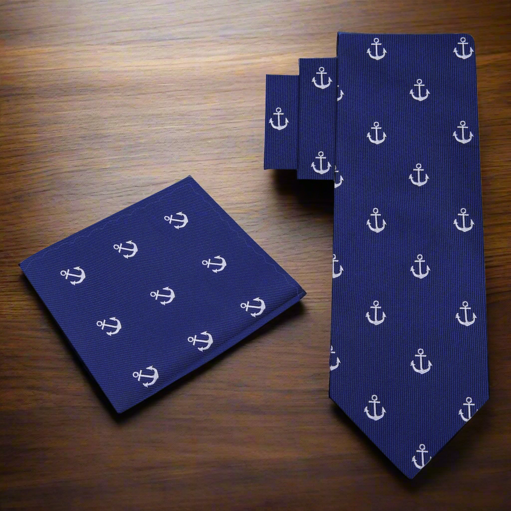 Close-up of blue and red silk anchor necktie styled with a white dress shirt