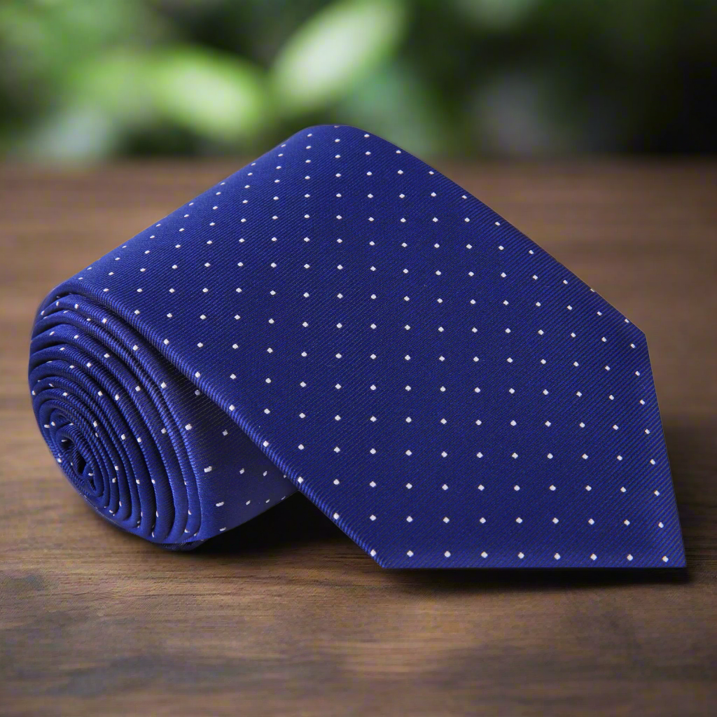 Close-up of Dunhaven micro dot necktie showing silk texture and white dot pattern, ideal for formal wear.