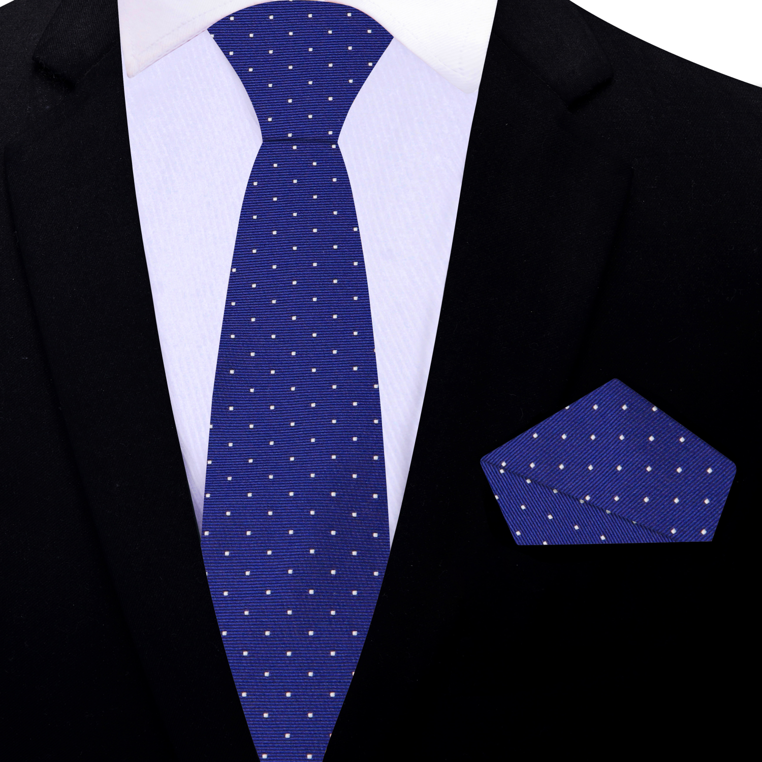 Front view of blue silk tie with white dots worn with navy suit – elegant for weddings and meetings