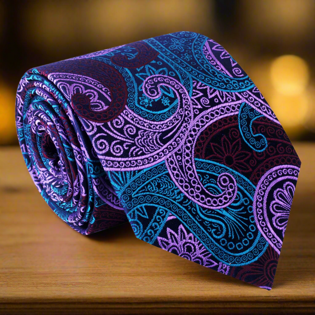 Close-up of purple paisley silk necktie showcasing intricate pattern