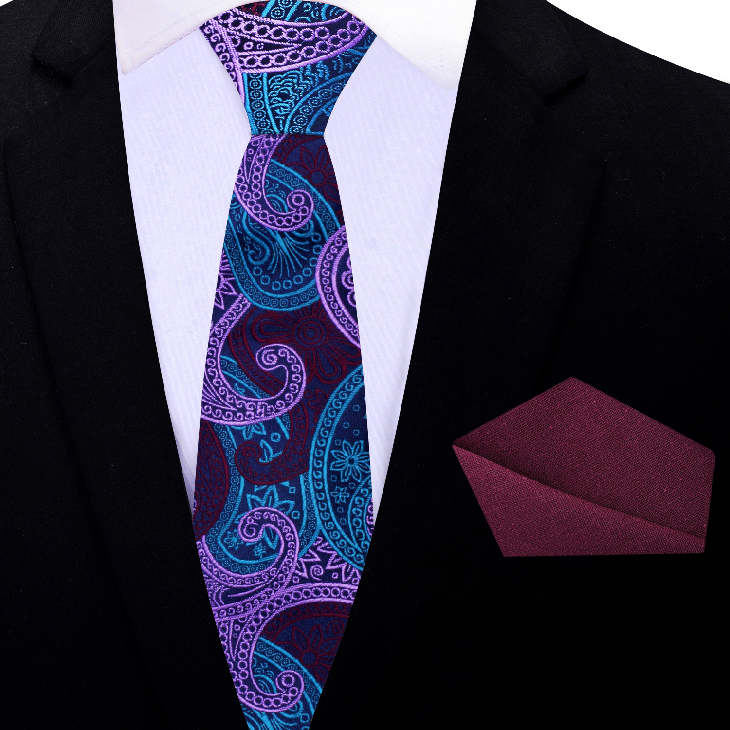 Purple paisley silk necktie laid flat for display