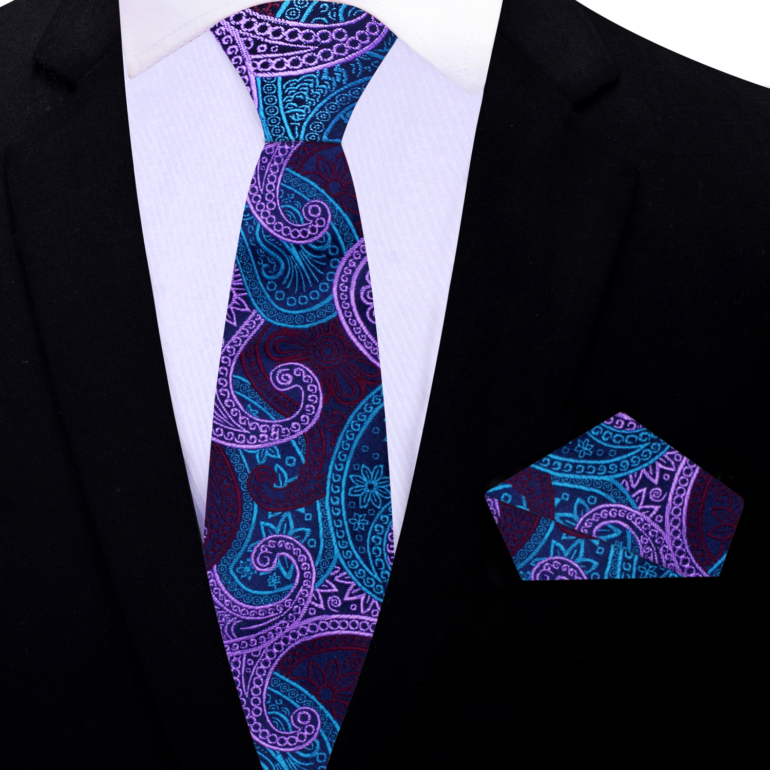 Purple paisley silk necktie laid flat for display