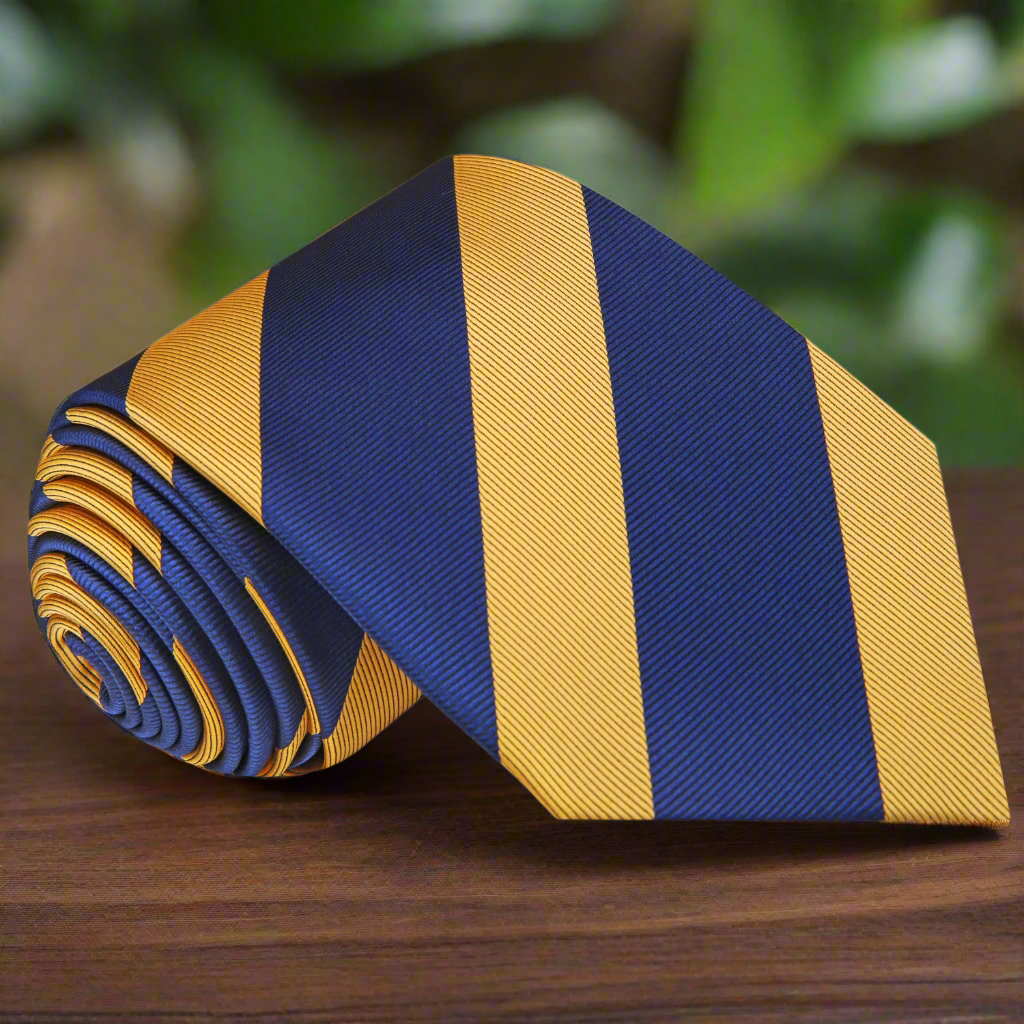 Navy blue striped necktie displayed with a crisp white dress shirt, perfect for business meetings.
