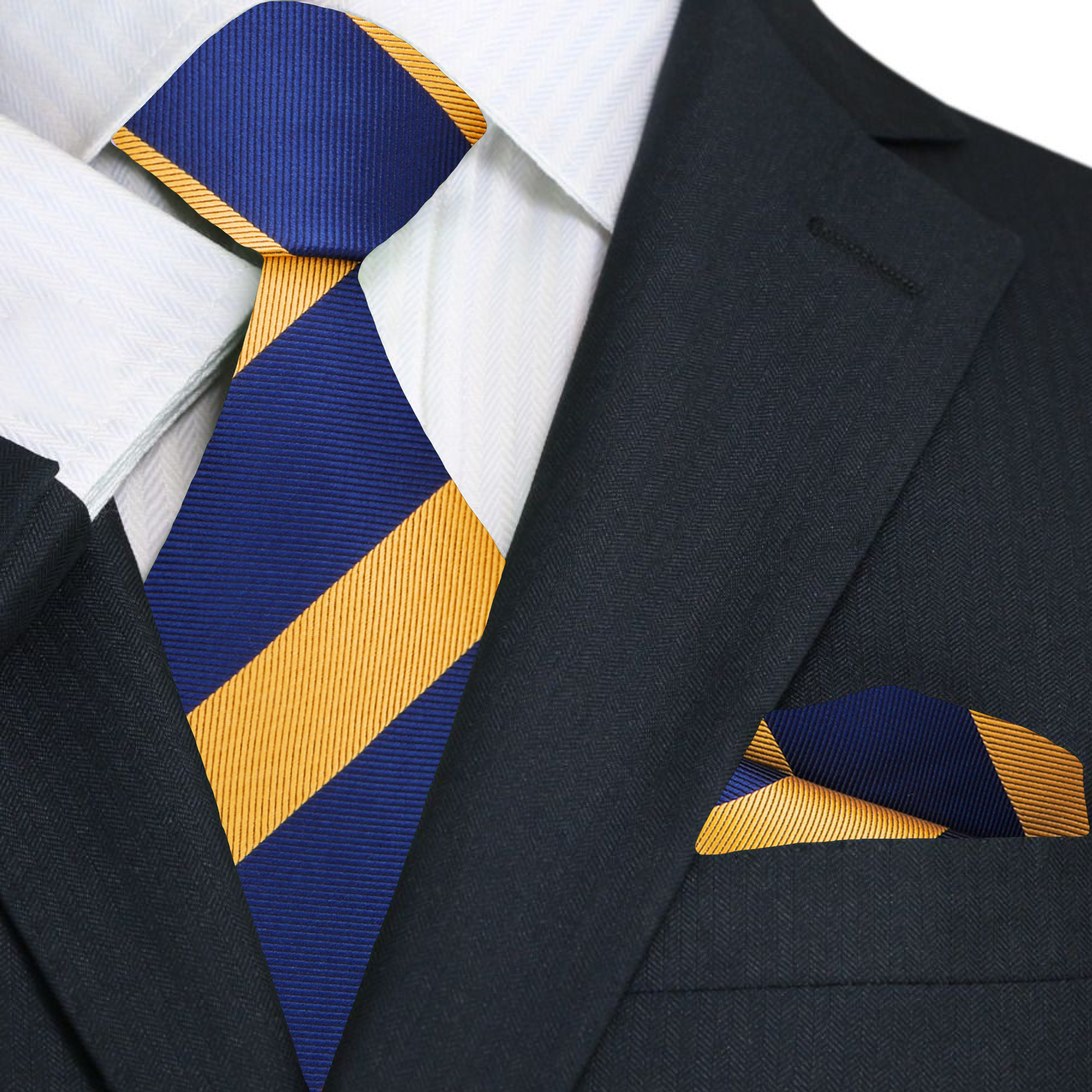Navy blue striped necktie displayed with a crisp white dress shirt, perfect for business meetings.