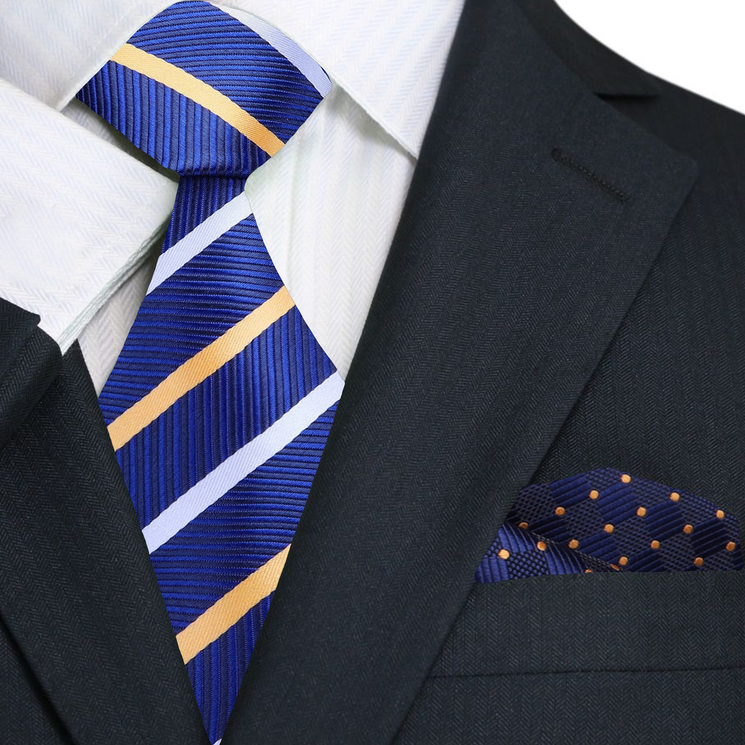 Full view of Beaumare Elegant Pinstripe Tie paired with a crisp white shirt and charcoal grey suit, illustrating versatility in formal attire.