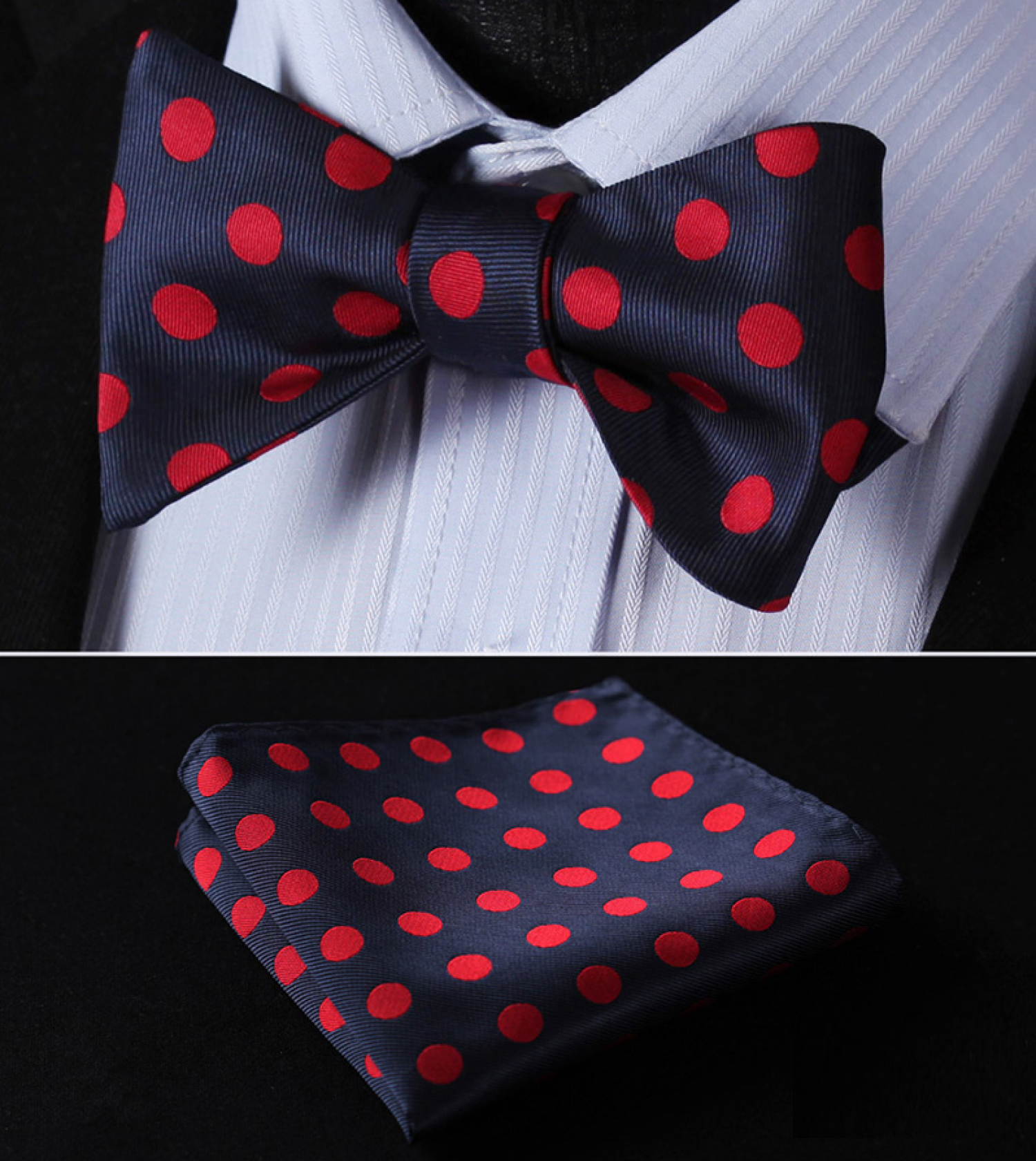 Close-up of a charming polka dot self-tie bow tie in blue with grey dots, highlighting its silk texture.