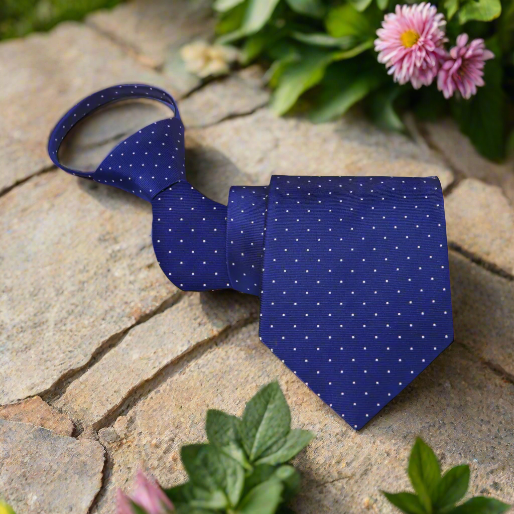 Elegant dark blue zipper tie with white micro dots, ideal for job interviews.