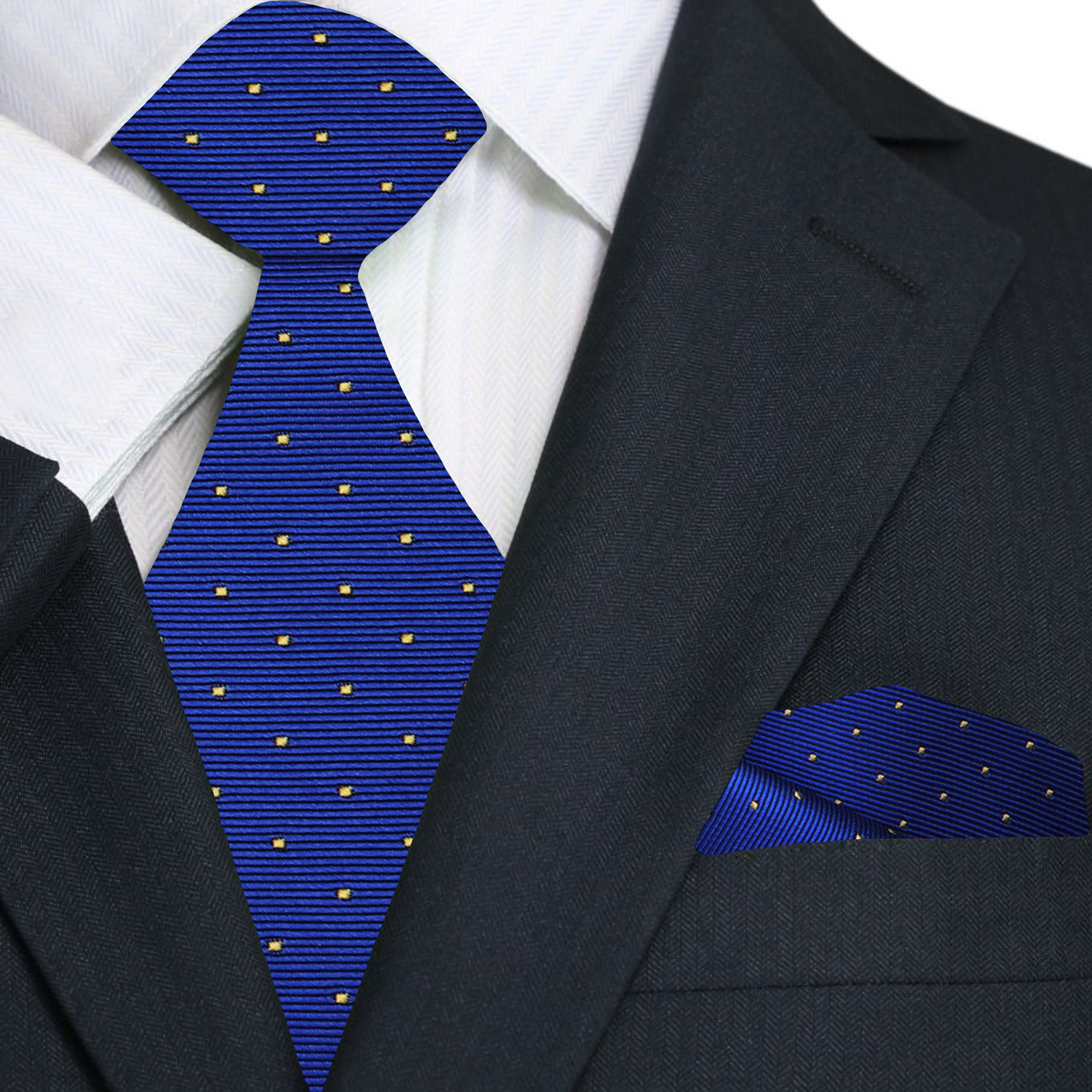 Man wearing a mens formal tie with polka dot pattern paired with white dress shirt and navy blazer