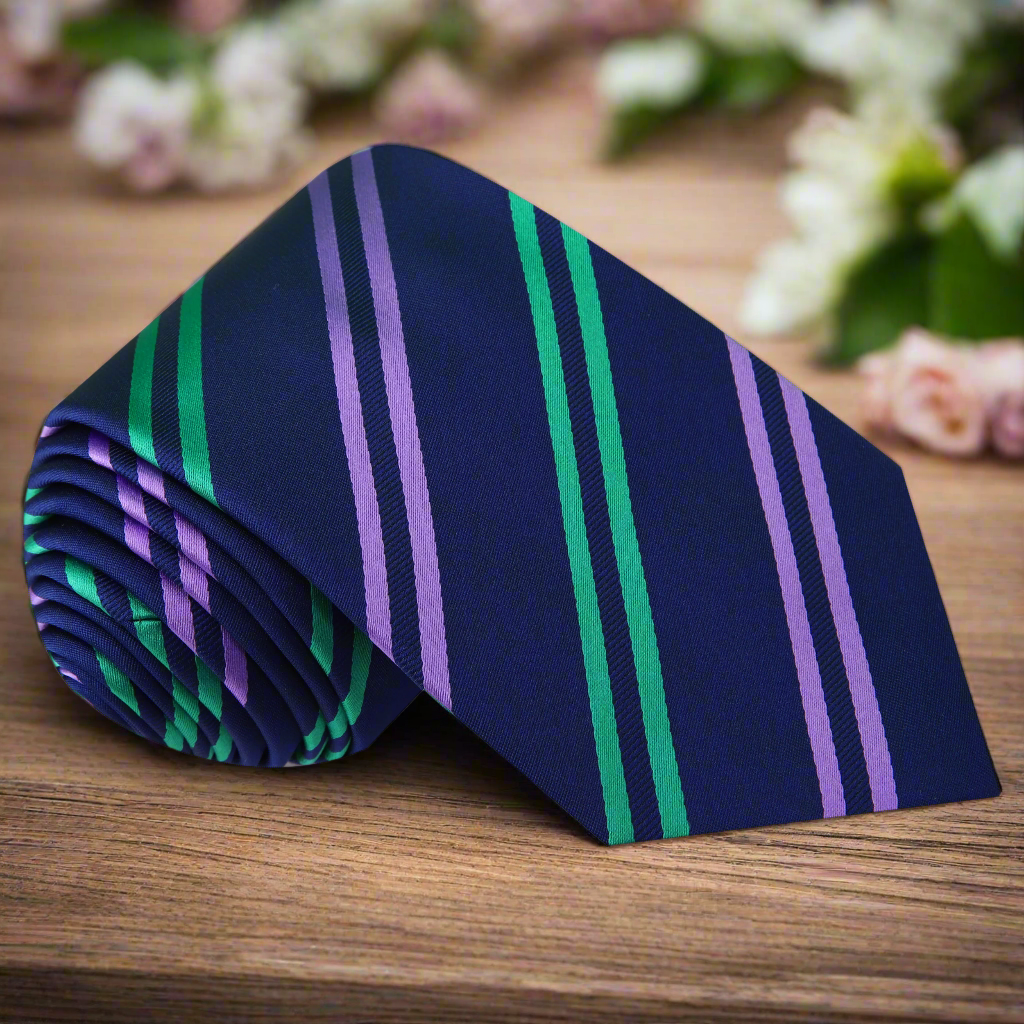 Royal Striped Silk Necktie showcasing vibrant colors and stripes, ideal for formal events.
