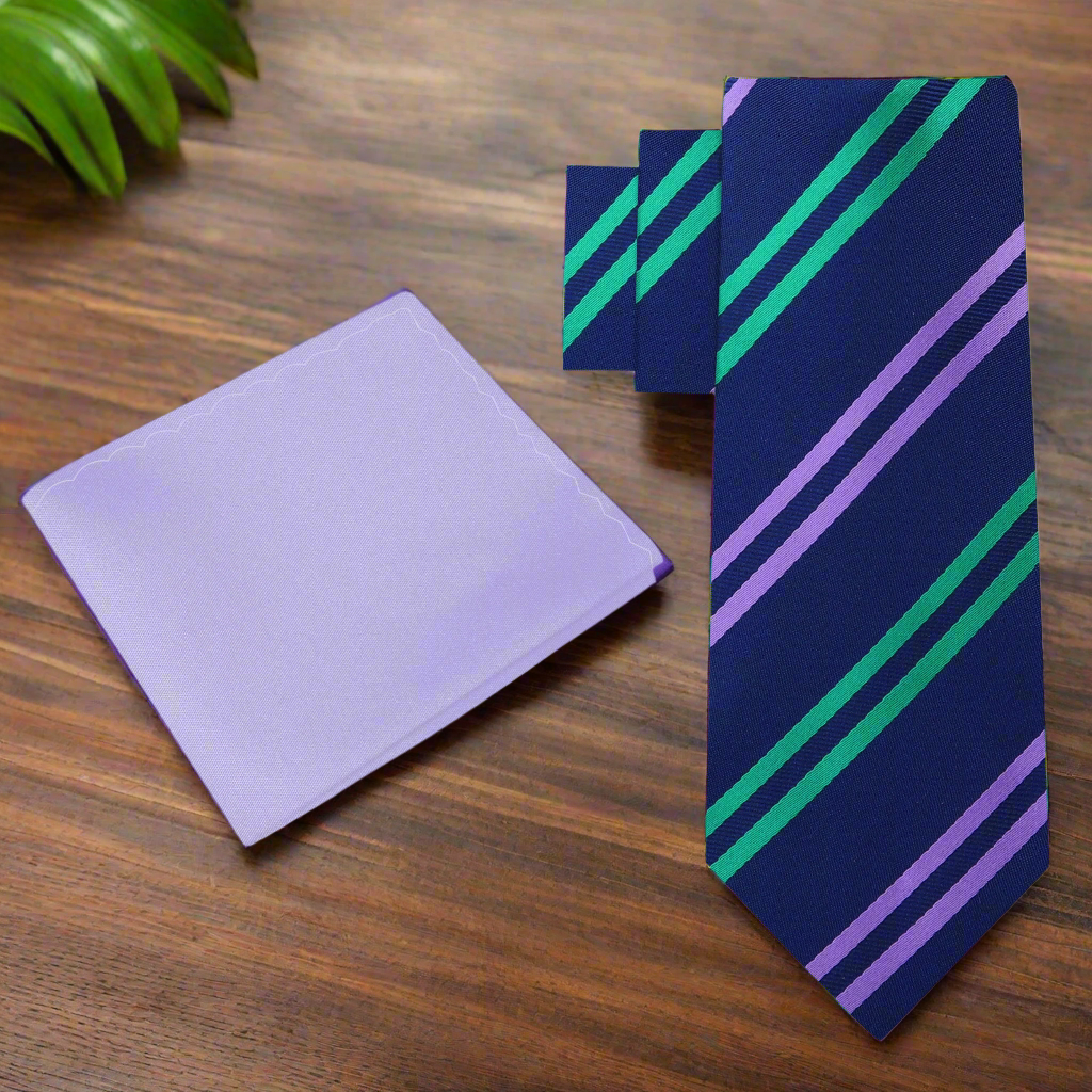 Royal Striped Silk Necktie showcasing vibrant colors and stripes, ideal for formal events.