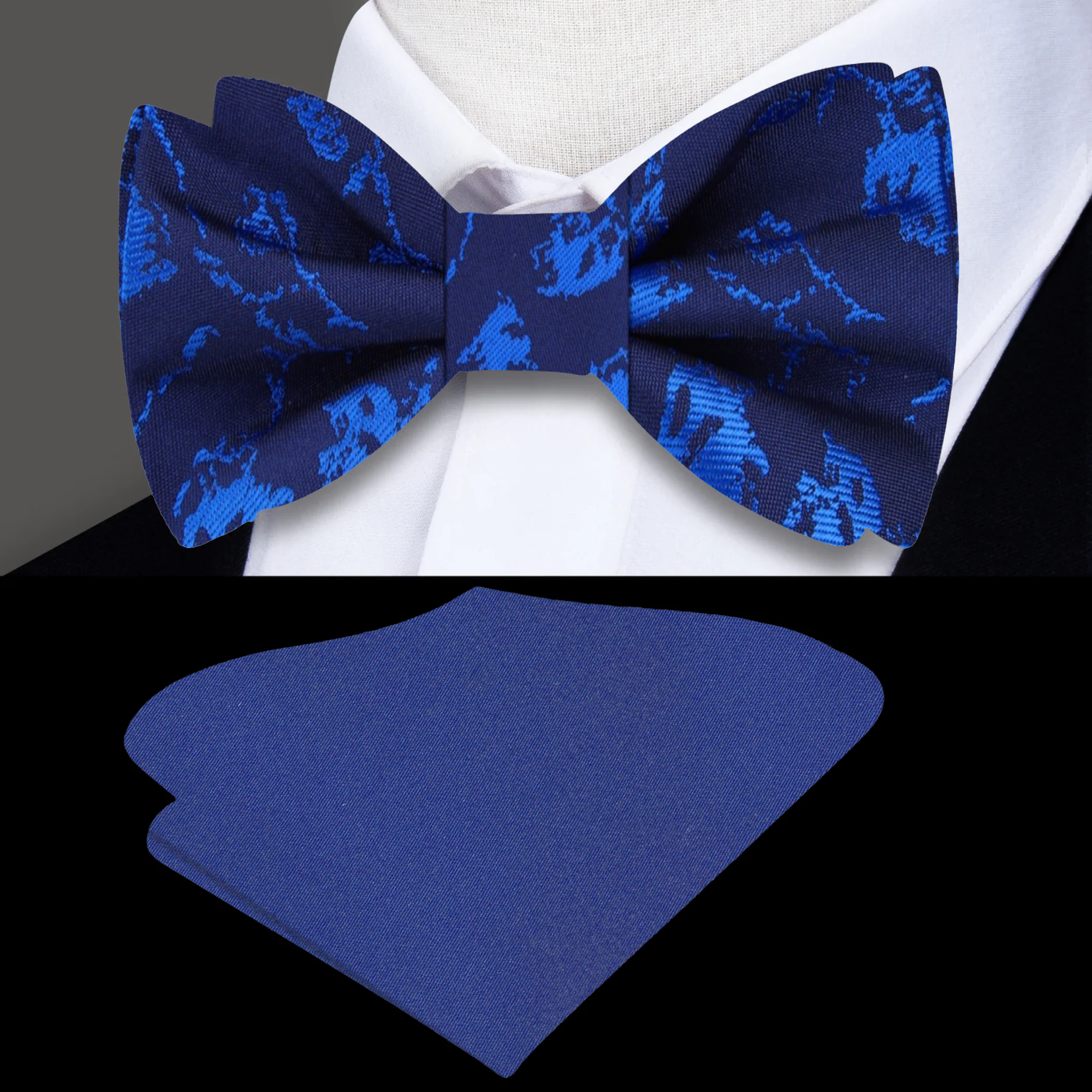 Close-up of a dark blue abstract bow tie showcasing premium silk fabric