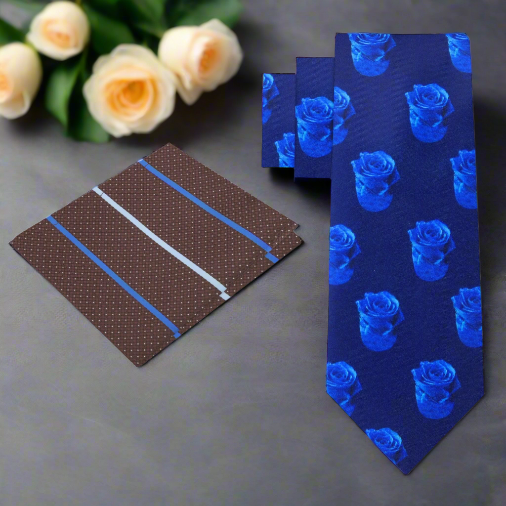 Elegant blue floral necktie with light blue roses, perfect for weddings and formal events.