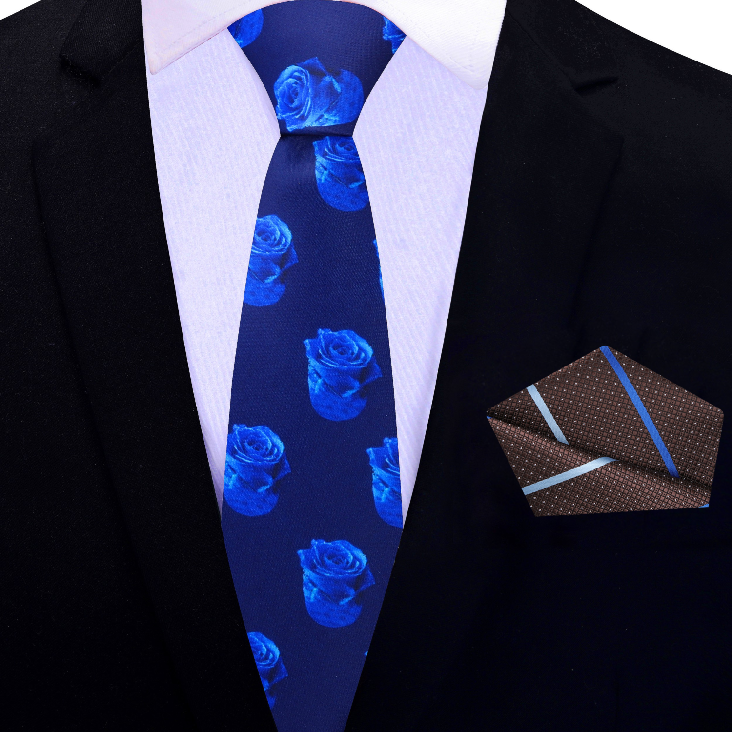 Mens floral tie with matching pocket square, displayed elegantly against a crisp white dress shirt.