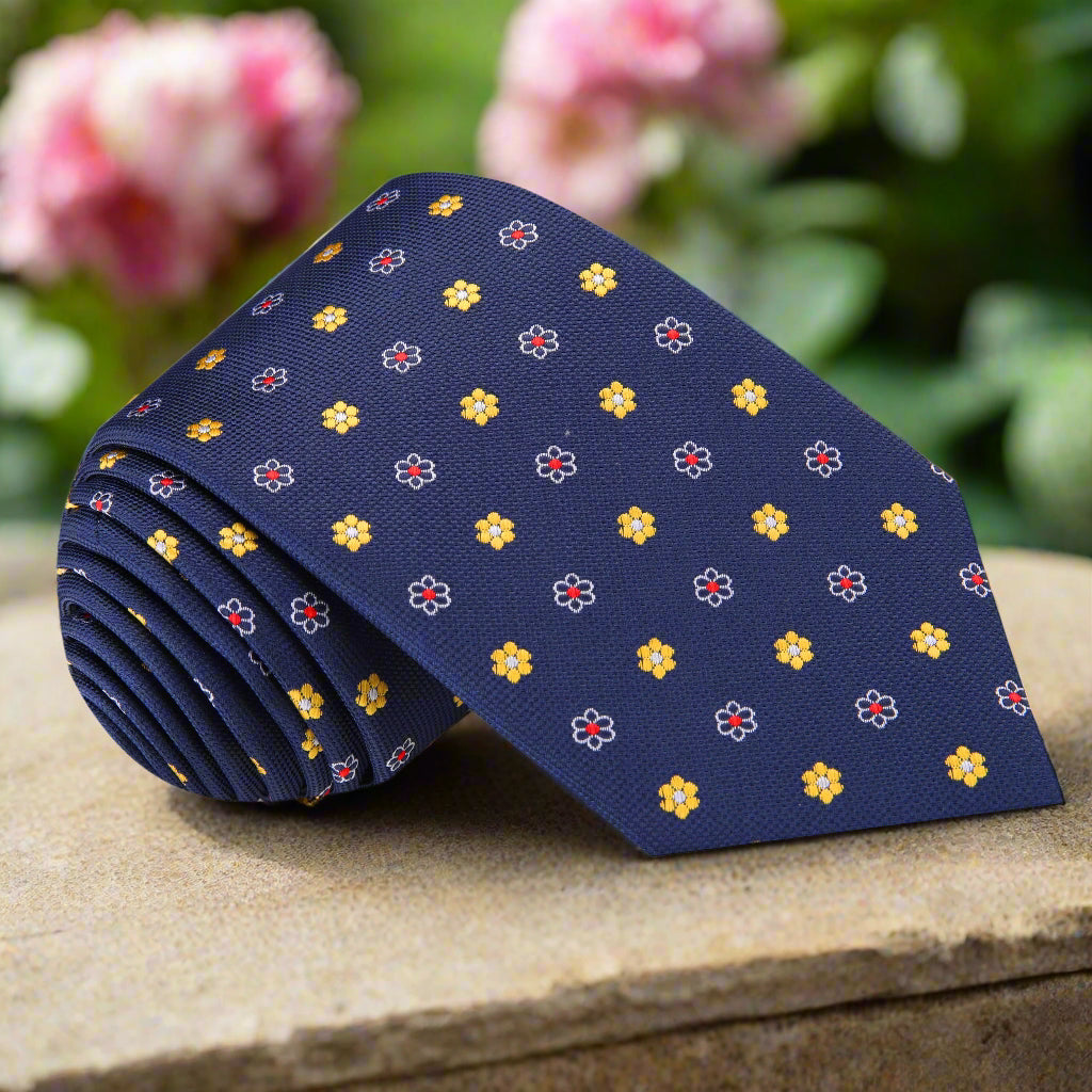 Close-up of the Elegant Blue Floral Silk Necktie Set showcasing the delicate flower pattern.