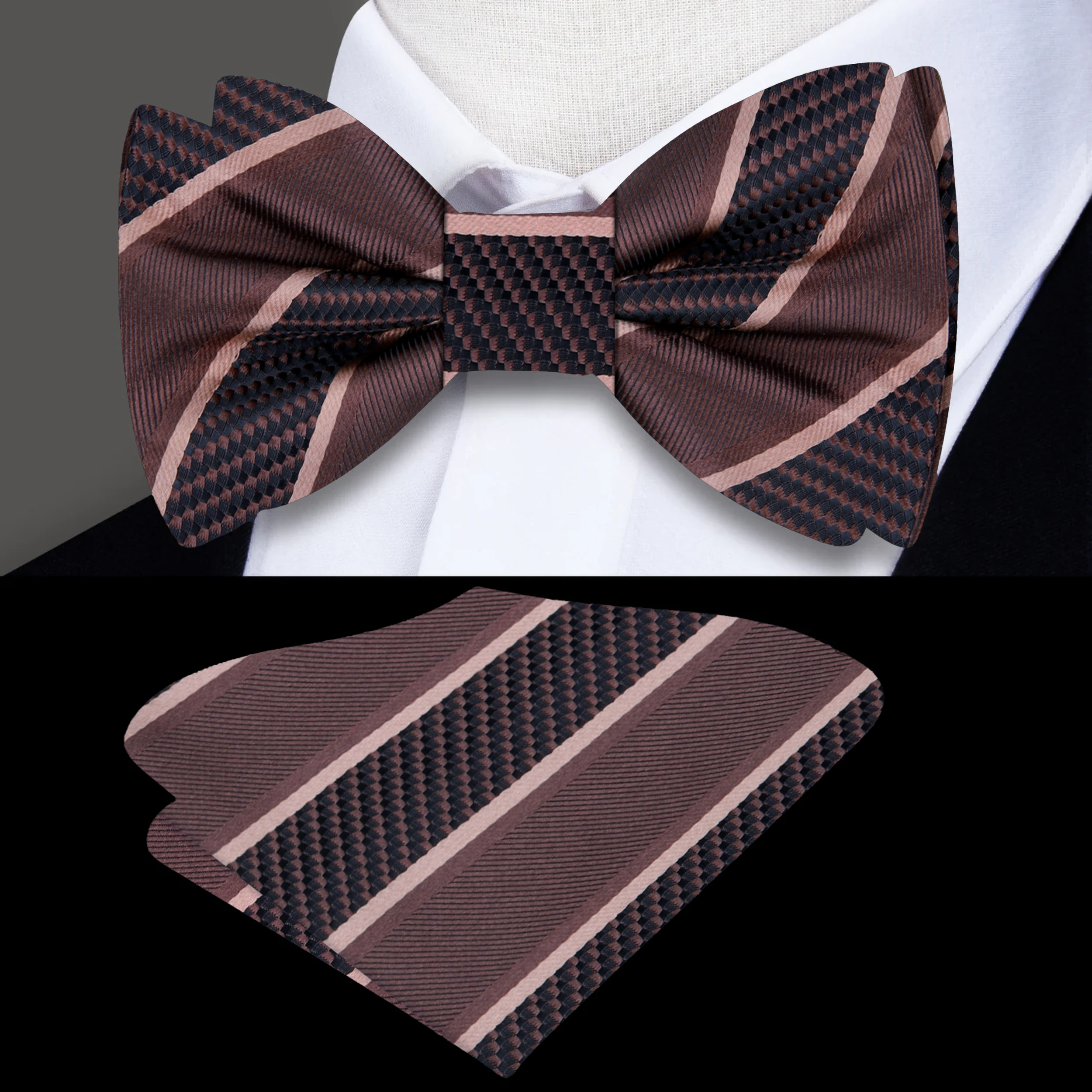 Front view of a stylish silk striped bow tie on a white background, highlighting its vibrant colors