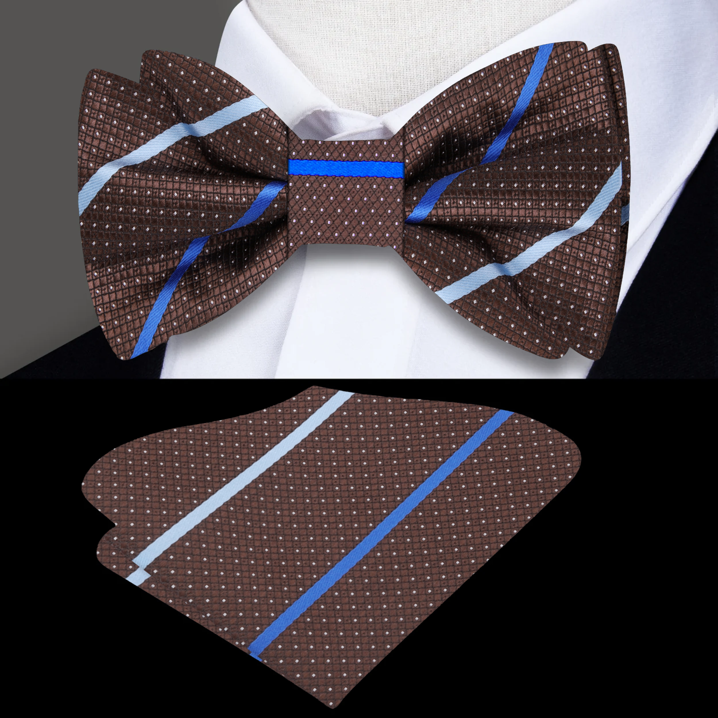Elegant dark blue silk bow tie with brown stripes on a mannequin for formal wear