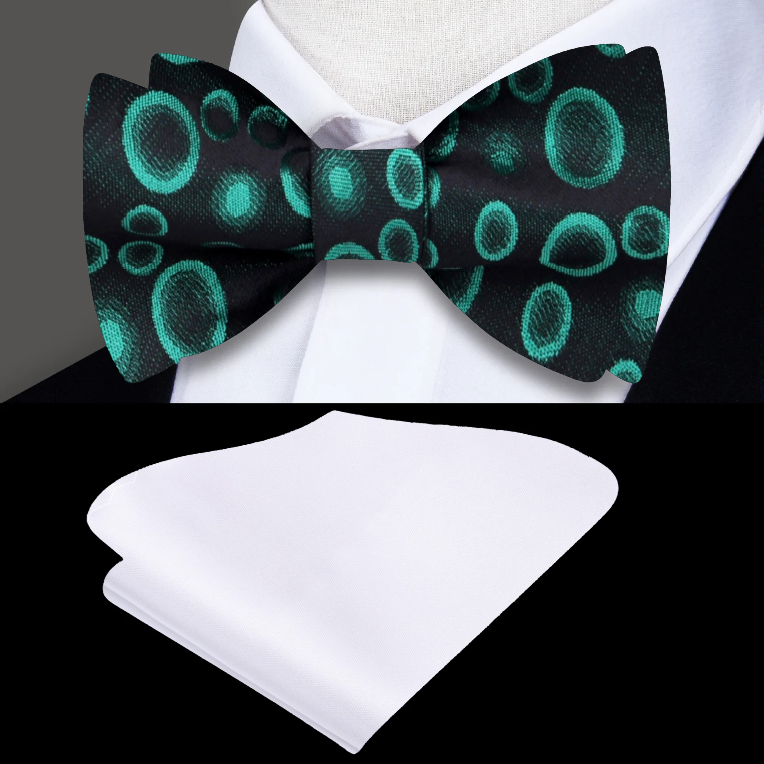 Close-up of a vibrant polka dot bow tie tied in a classic self-tie style, perfect for weddings.
