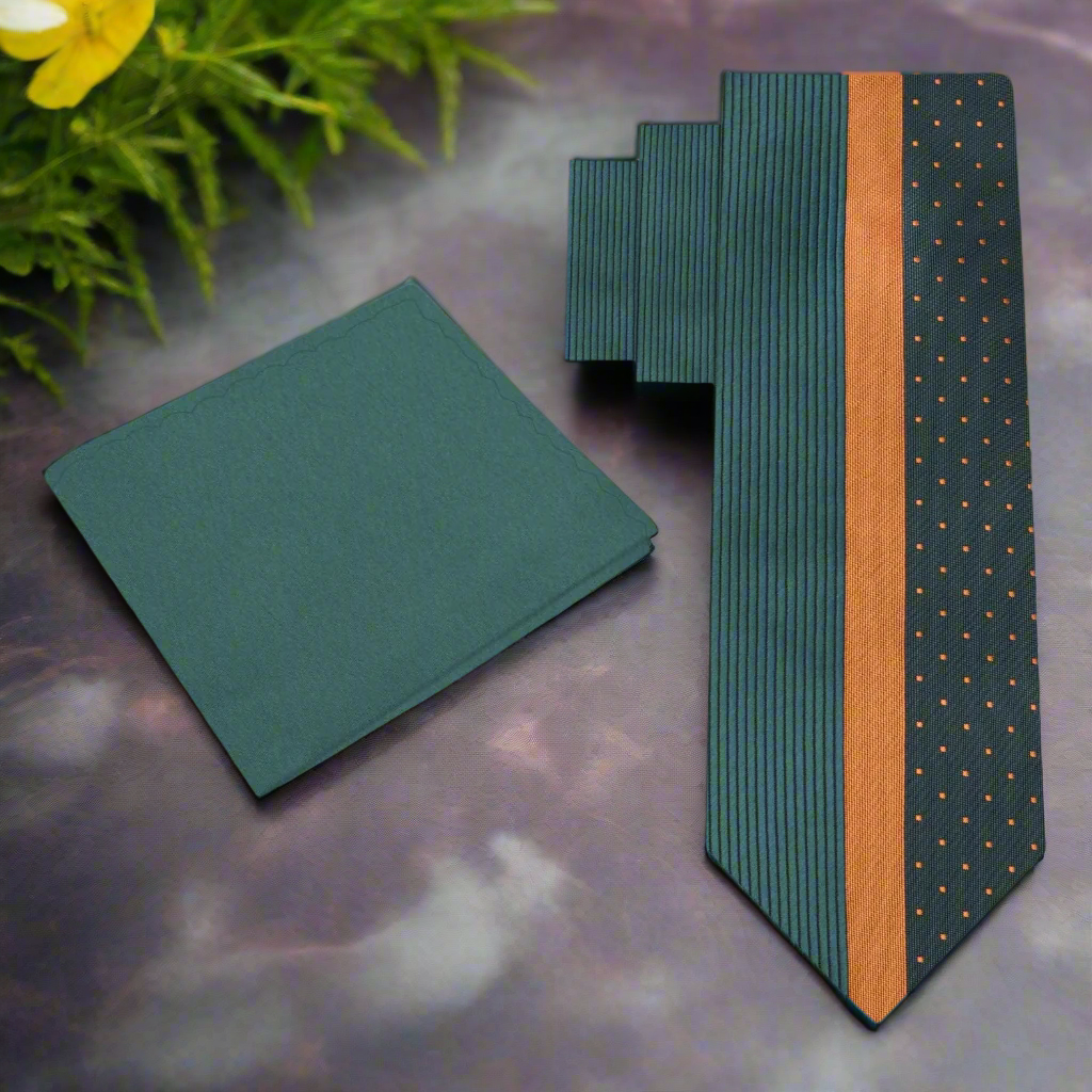 Green and gold striped silk necktie styled with a white shirt for wedding attire